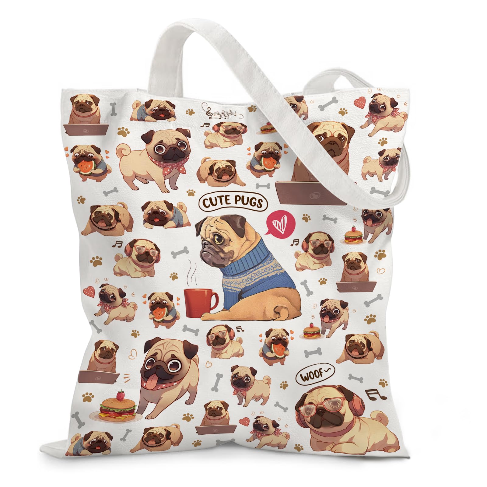 Minimalist Pug Tote Bag for Dog Lovers - Aesthetic Canvas Shoulder Bag with Cute Pug Print | Magnetic Snap Closure & Inner Zippe