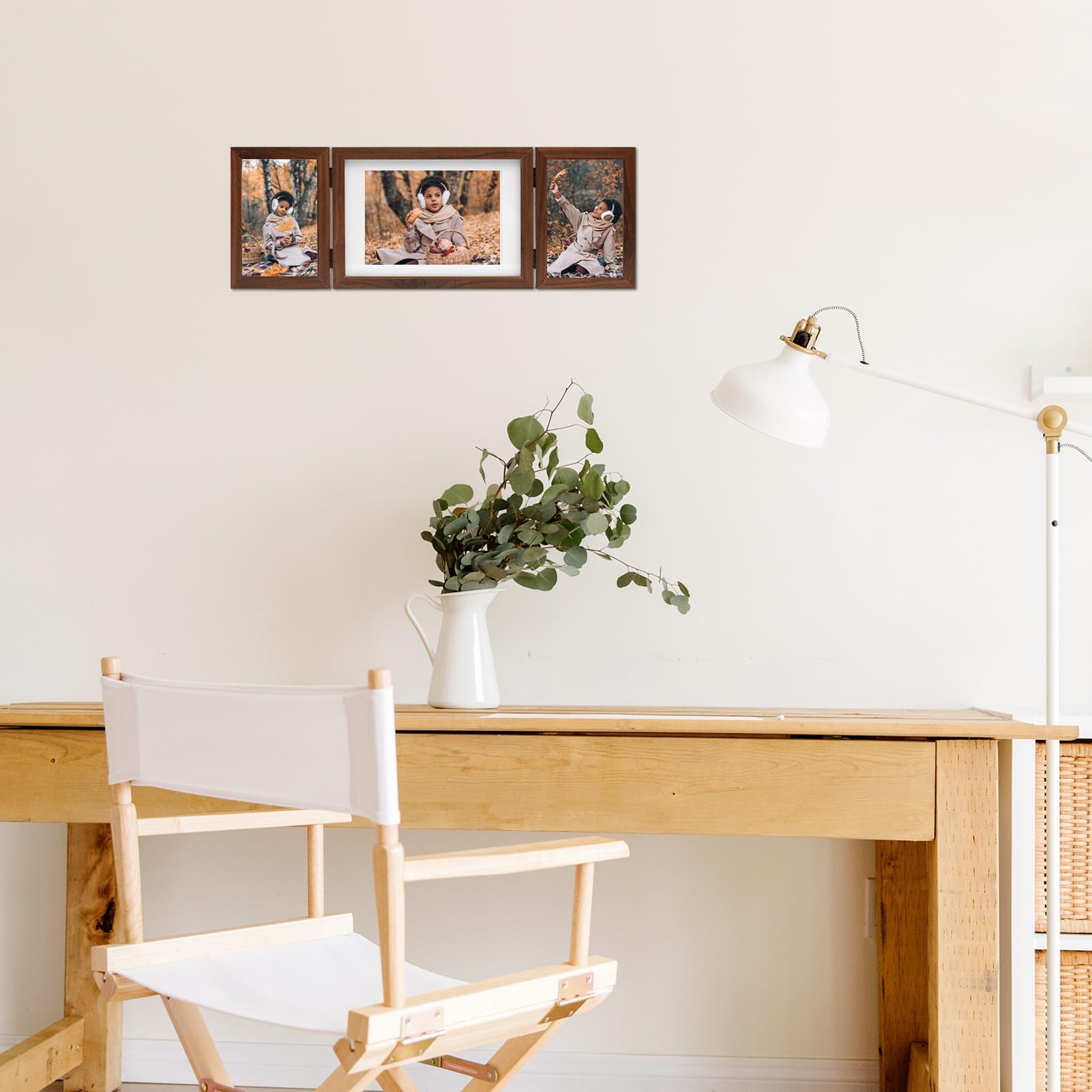 DECOCIAGA Hinged 3 Picture Frame 4x6 & 5x7 Folding Collage Photo Frames Multiple Wooden Desk Picture Frames with Mat for Office