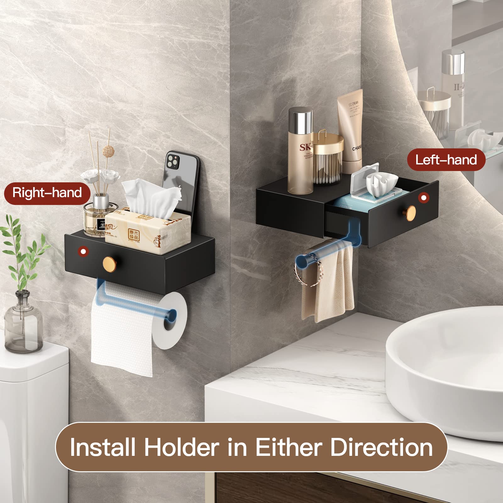 VOLDRA Toilet Paper Holder with Shelf Black Wipes Dispenser for Bathroom Stainless Steel Toilet Paper Holder with Storage Drawer Adhesive Wall Mount Small Bathroom Shelf