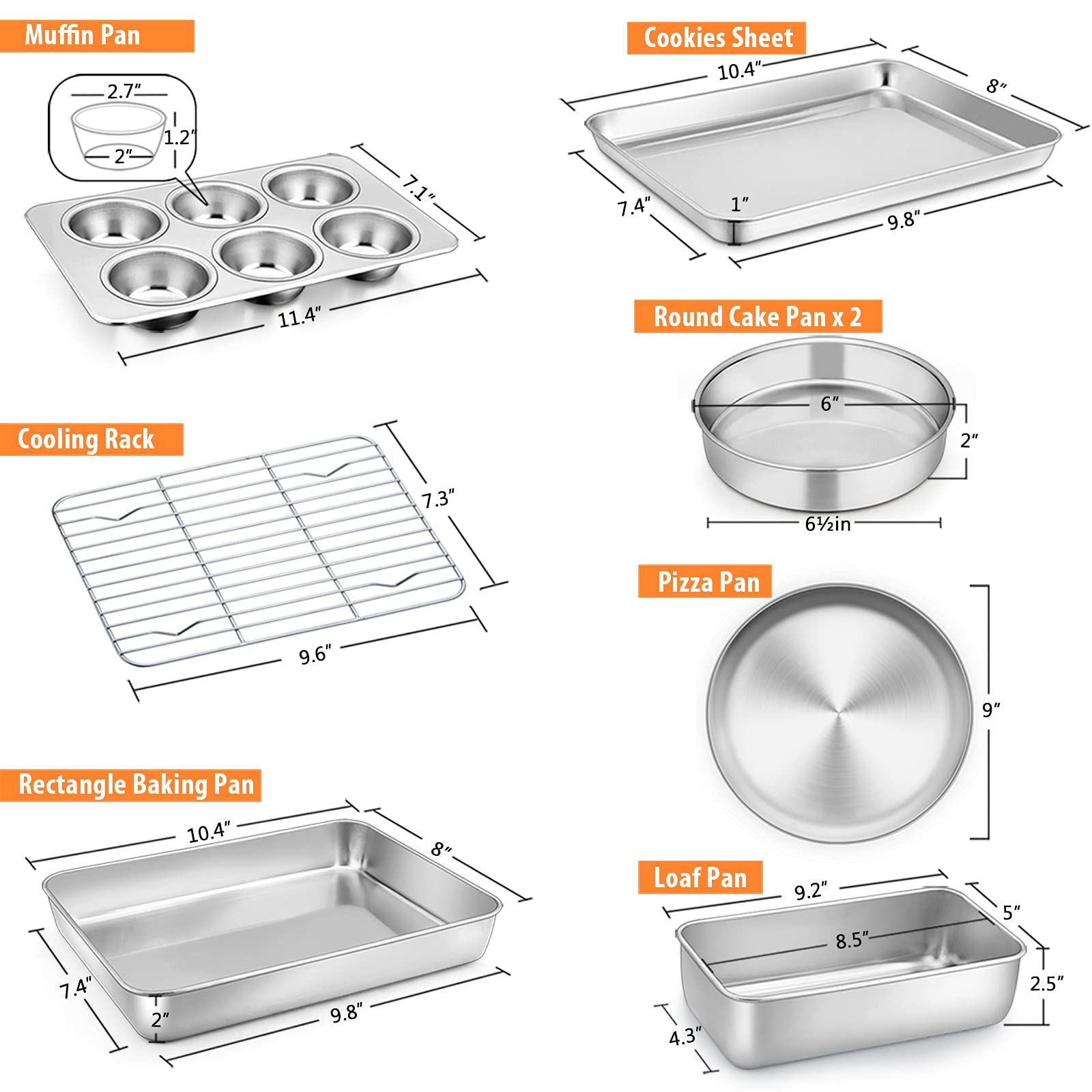Toaster Oven Bakeware Set, E-Far 8-Piece Stainless Steel Small Baking Pan Set, Include 6-Inch Cake Pan/Rectangle Baking Pan/Cook
