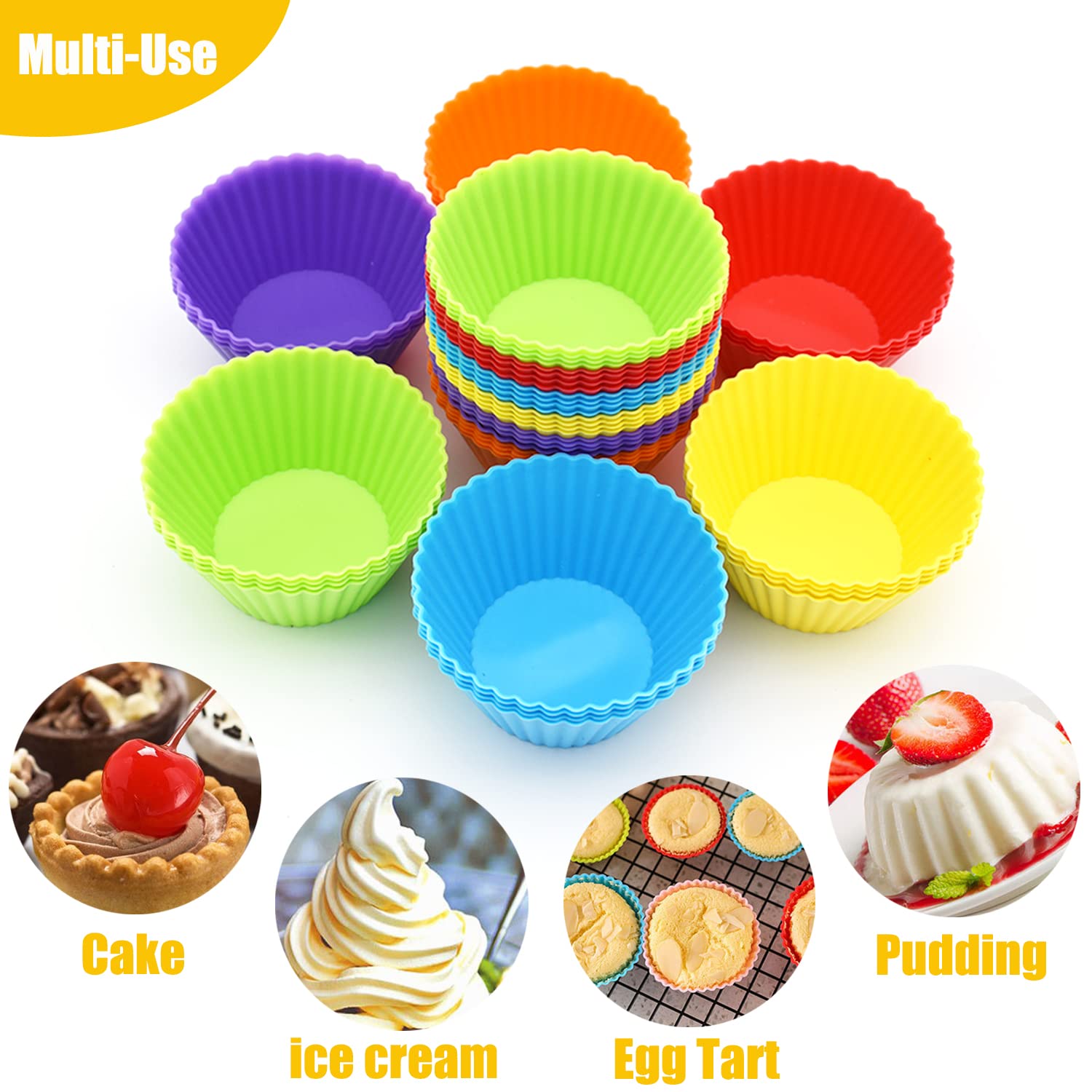 Silicone Cupcake Baking Cups 24 Pack, Reusable & Non-Stick Muffin Cupcake Liners Holders Set For Party Halloween Christmas, Easy