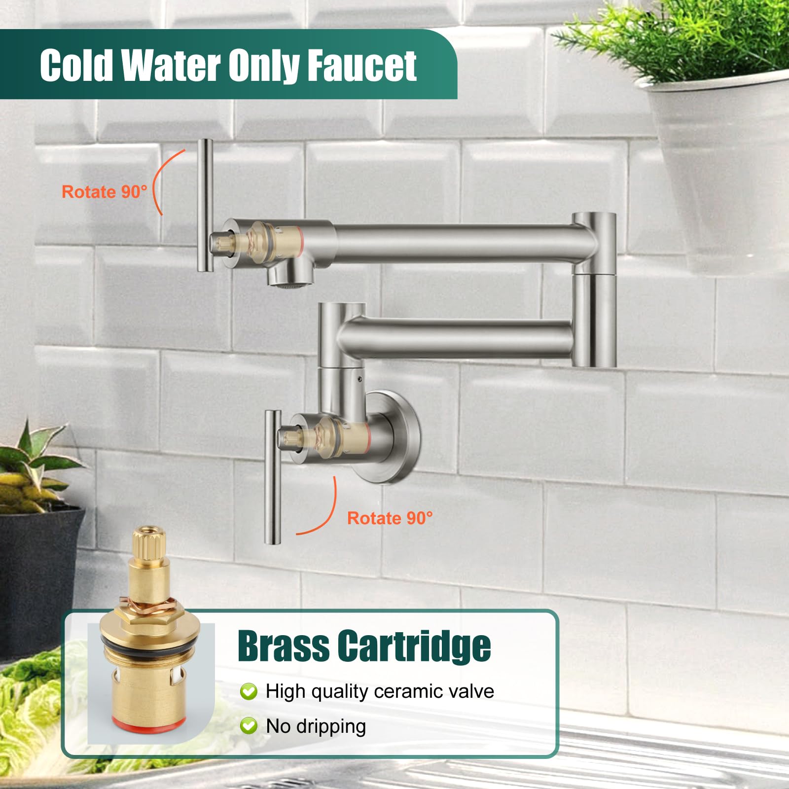 Heyalan Pot Filler Faucet Wall Mounted Stainless Steel 19 Inch 304 Brushed Nickel Double Joint Swing Folding Arms with Two Handles Single Hole Commercial Kitchen Faucet Control Water
