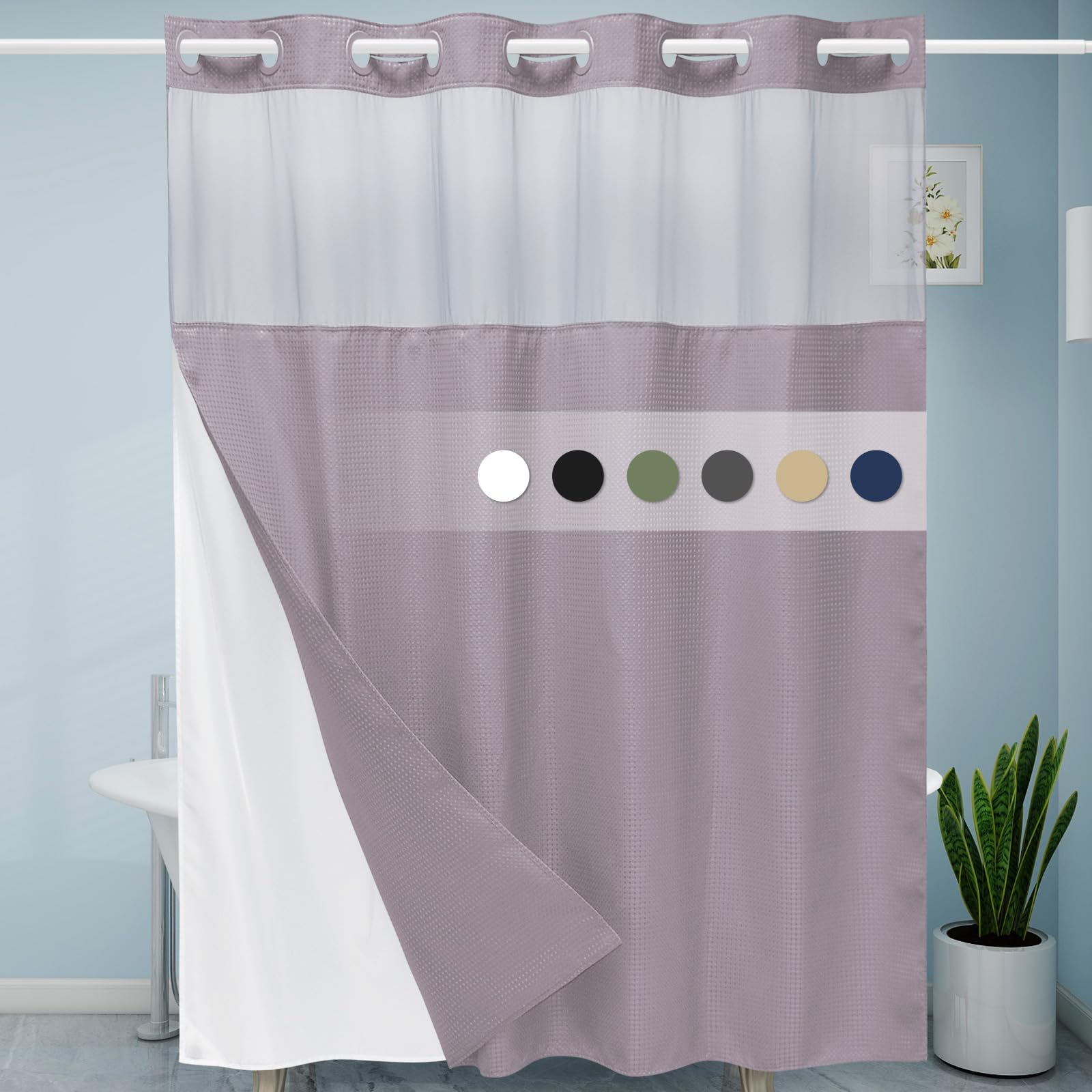 Eutxl Lavender No Hook Shower Curtain With Snap In Liner,230Gsm Waffle Weave Shower Curtains For Bathroom,71W X 74H
