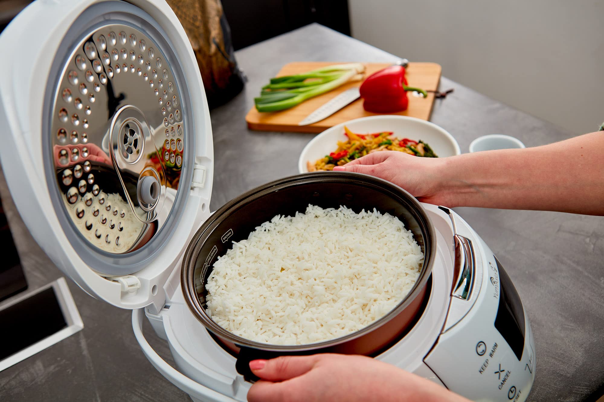 Yum Asia Sakura Rice Cooker, 8 Cup, Fuzzy Logic, 120V, White and Silver, Model YUM-EN15WUS, 6 Rice & Multicook Functions