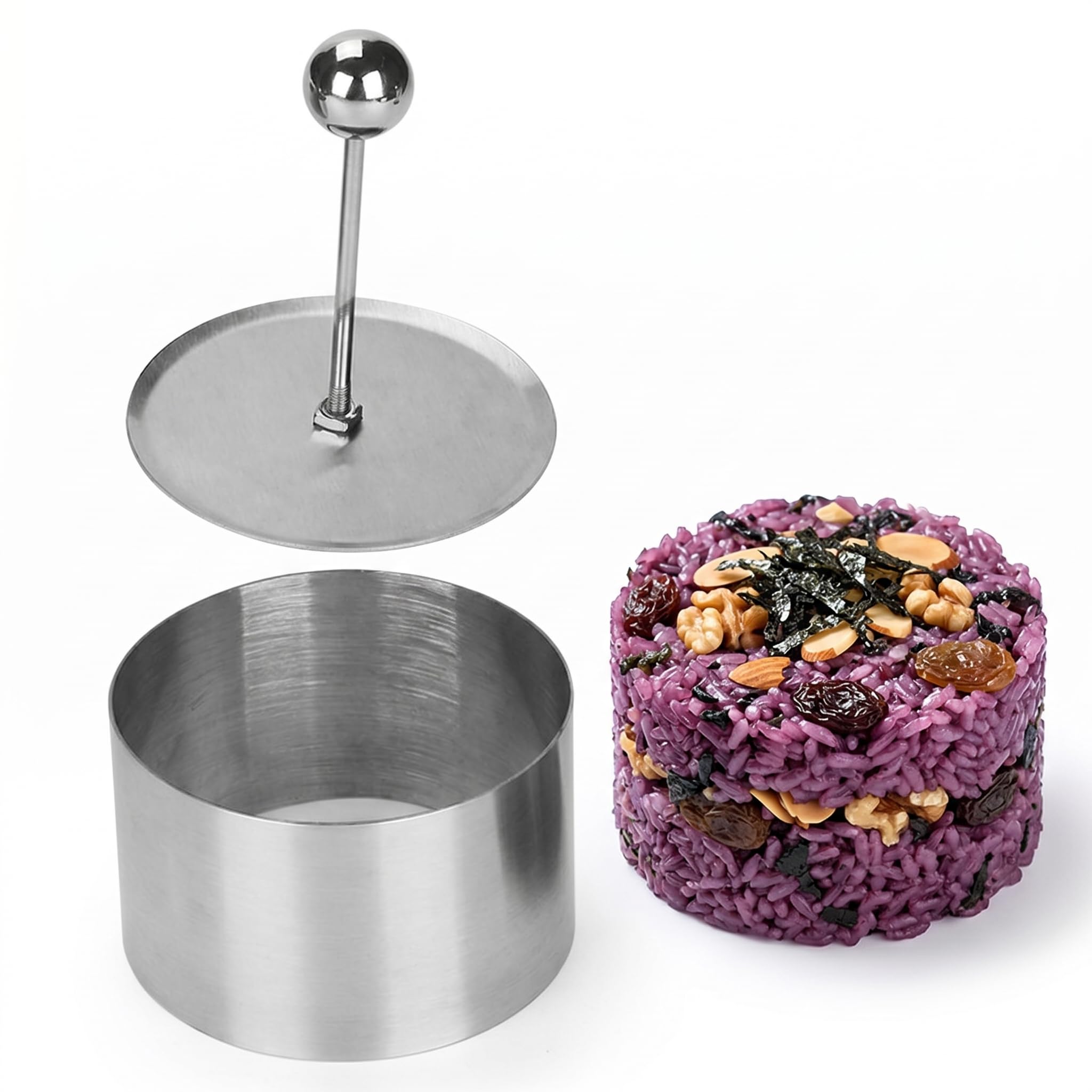 Veemoon Stainless Steel Round Rice Ball Onigiri Ball Mold Tiramisu Diy Making Molder Cake Ring Molder with Press Cover for Kitch