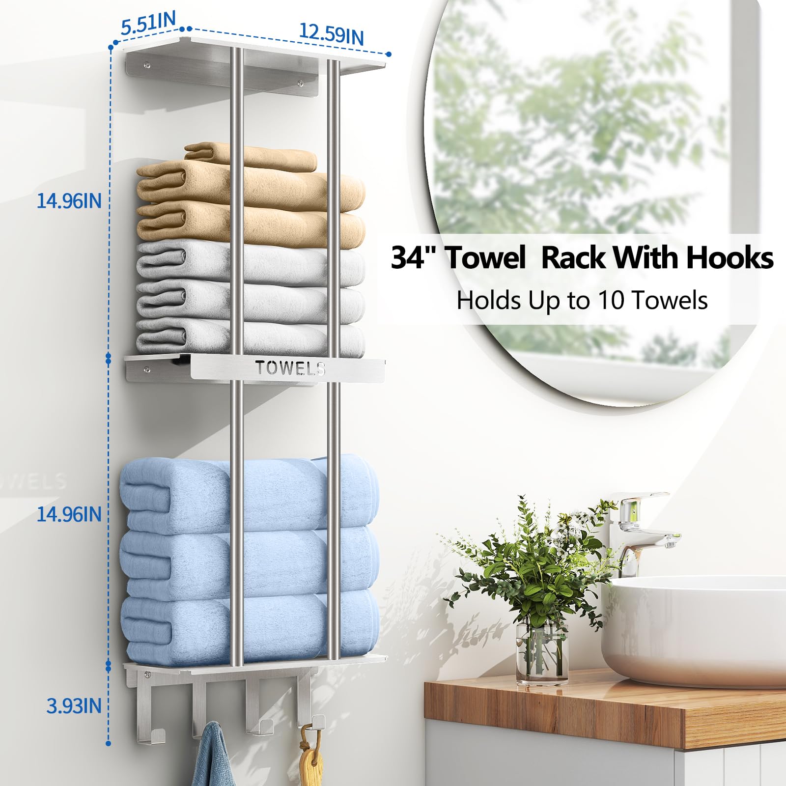 Bathroom Towel Storage, Towel Racks For Bathroom With 3-Tier Shelf & 4 Hooks, Towel Holder For Bathroom Wall For Rolled Bath Tow