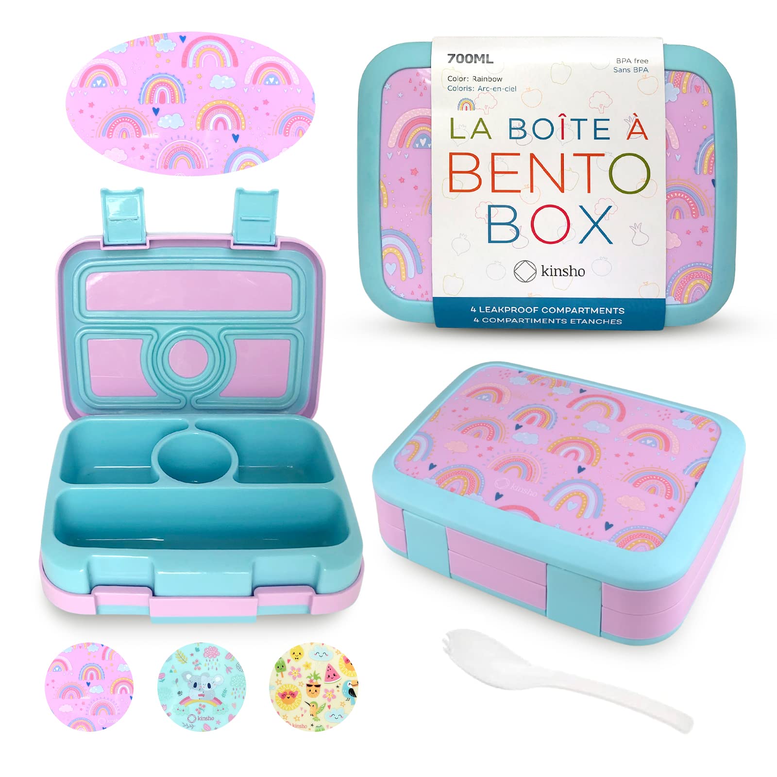Kinsho Kids Bento Lunch Box, Reusable Meal And Snack Container, Lunch Boxes For Small Girls & Toddlers Lunches, 4 Compartment -