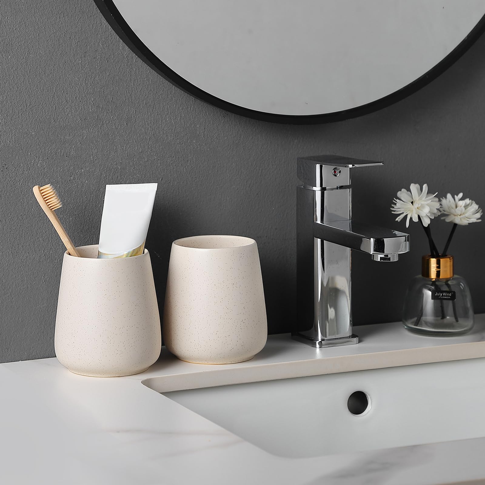 Beige Toothbrush Holder For Bathroom - Ceramic Tooth Brushing Holders, Toothbrush Cup, Toothpaste Organizer For Bathroom Counter
