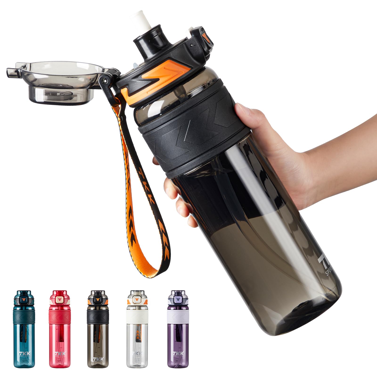 TKK Sports Water Bottles with Removable Straw 34 oz Leak-proof Flip Top Lid BPA Free Tritan Bottles with Strap for School, Fitne