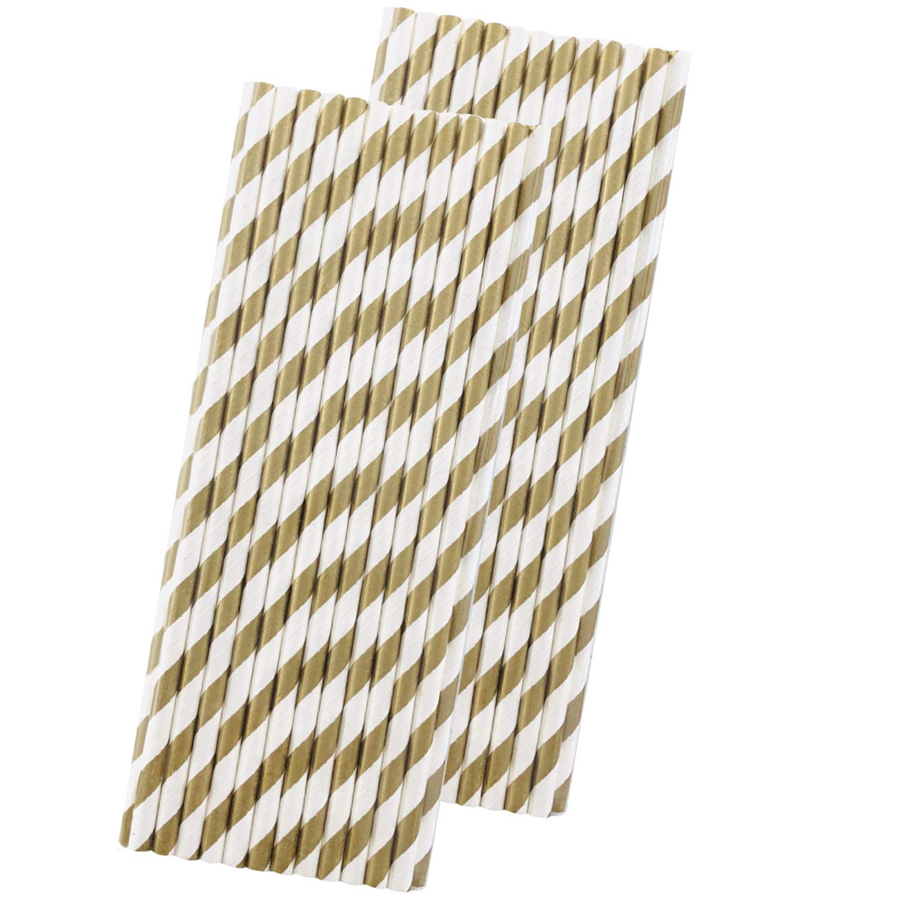 Striped Paper Straws - Gold White - Christmas Holiday Wedding Anniversary Supply - 7.75 Inches - 50 Pack - Outside The Box Paper