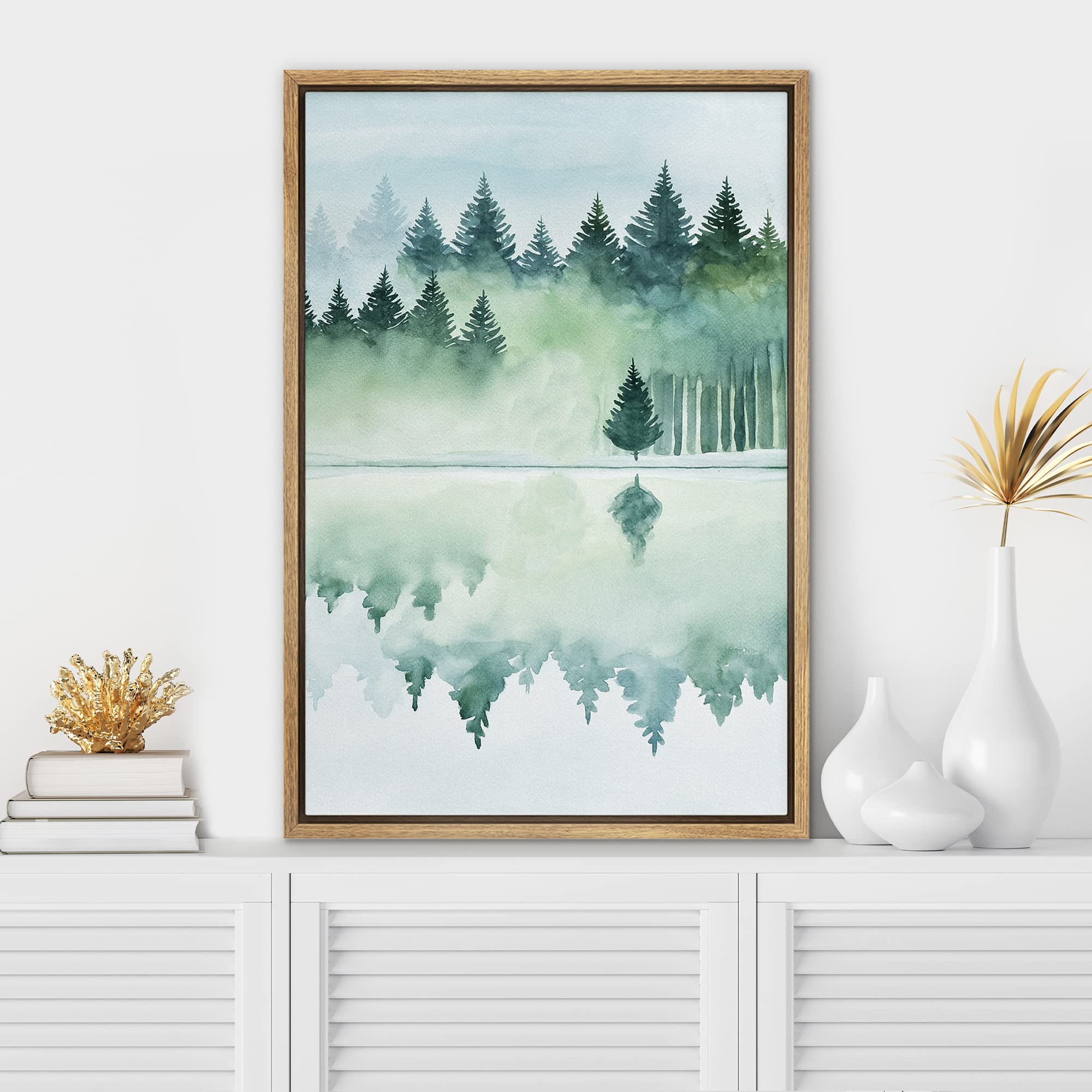 Signwin Framed Canvas Print Wall Art Woodland Nursery Decor Green Watercolor Forest Lake Reflection Nature Modern Art Decorative