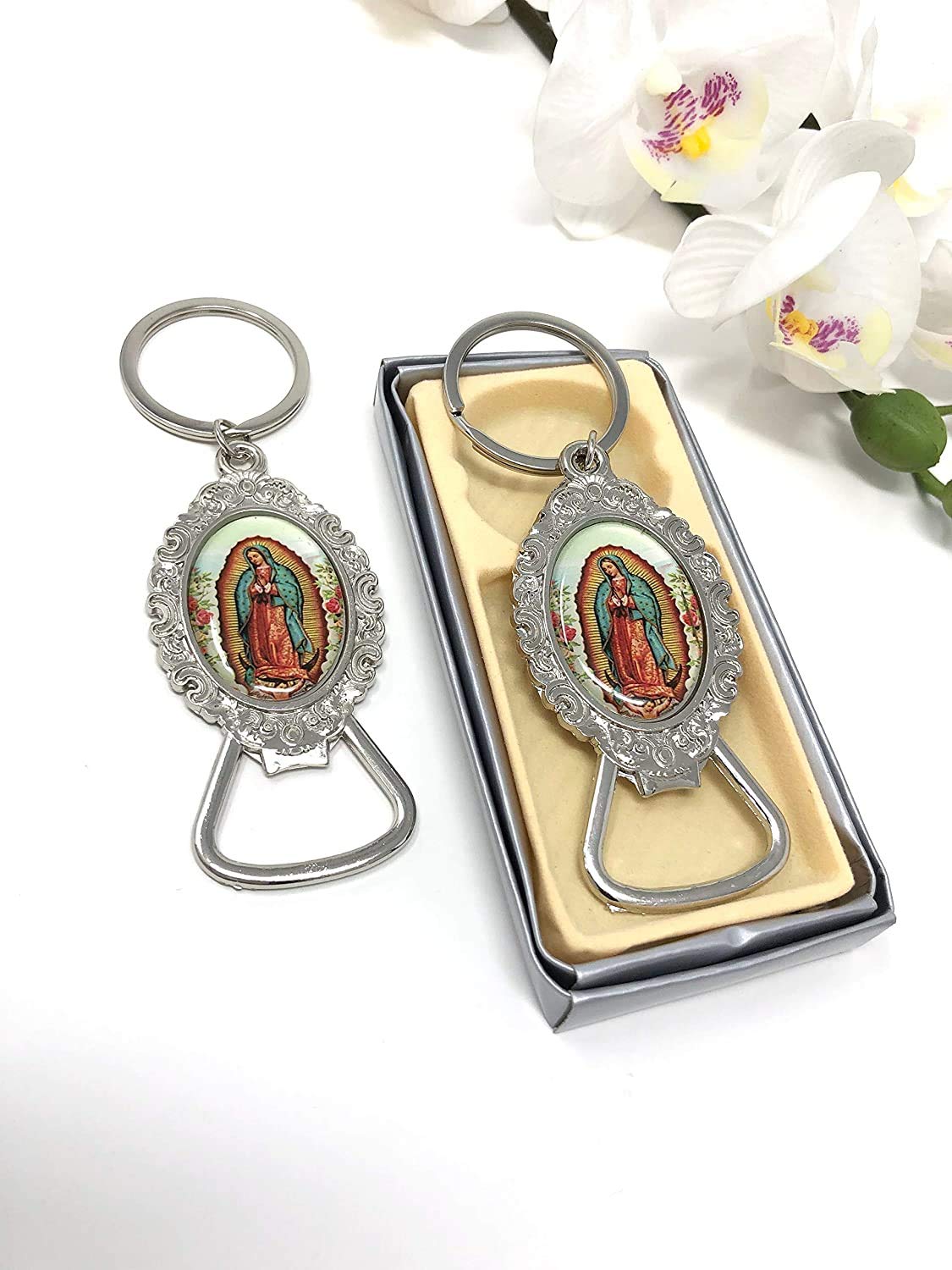 Virgen De Guadalupe Bottle Opener Keychain Baptism Party Favors Bautizo First Communion Memory Gift Silver Keychains With Bottle