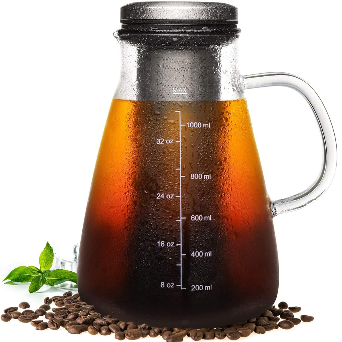 Ymmind Cold Brew Iced Coffee Maker 34Oz, Brewed Coffee Pot With Removable Double Mesh 304 Stainless Steel Filter, Bpa-Free Cold
