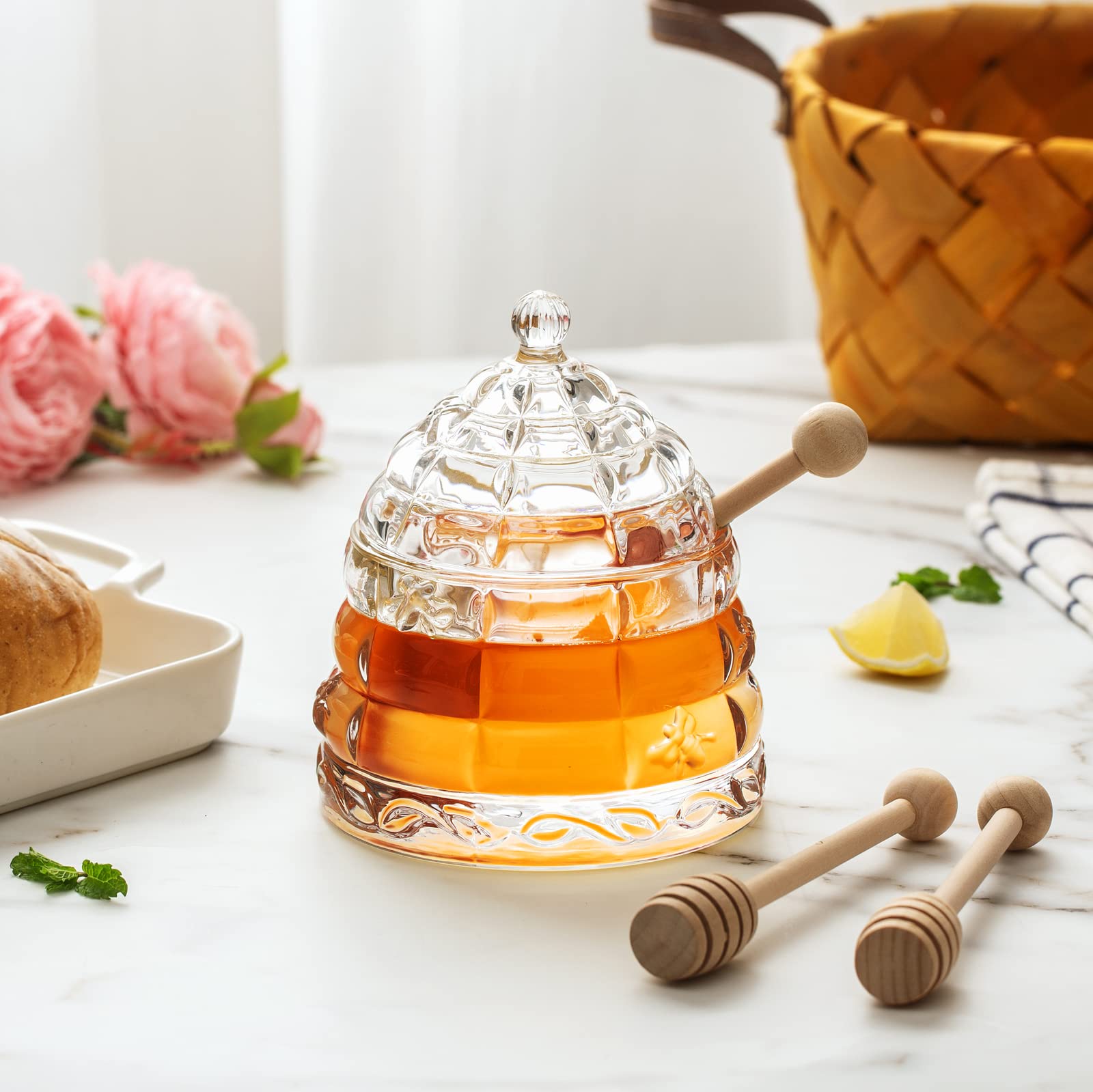 M&N HOME Honey Dish with 3 Dippers, Honey Jar, Large Glass Honey Pot storage with Lid and Inscribed Wooden Honey Dippers, Glass