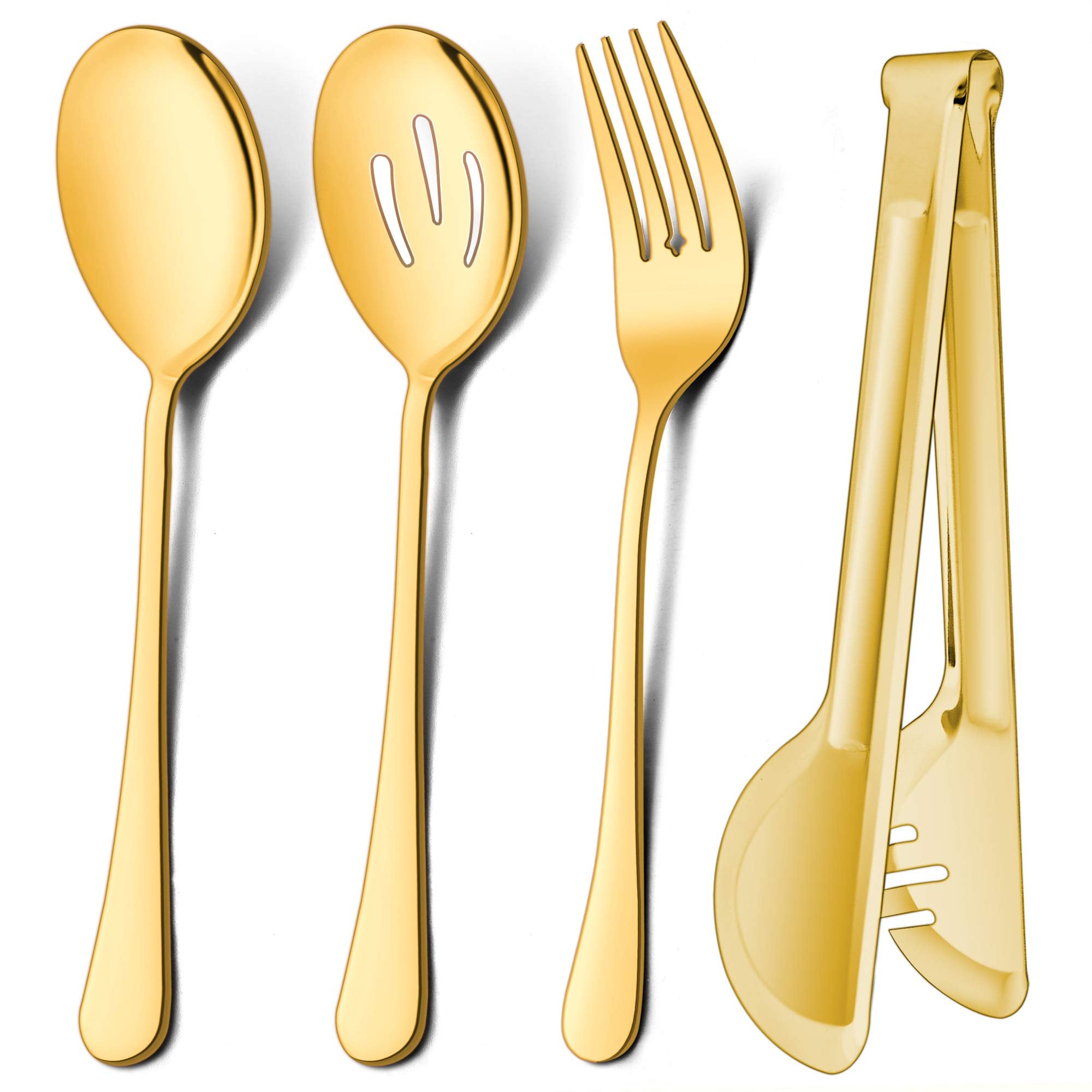 Lianyu 3 Large Gold Serving Spoons, 3 Gold Slotted Serving Spoons, 3 Gold Serving Forks, 3 Gold Serving Tongs, 9.8 Inch Stainles