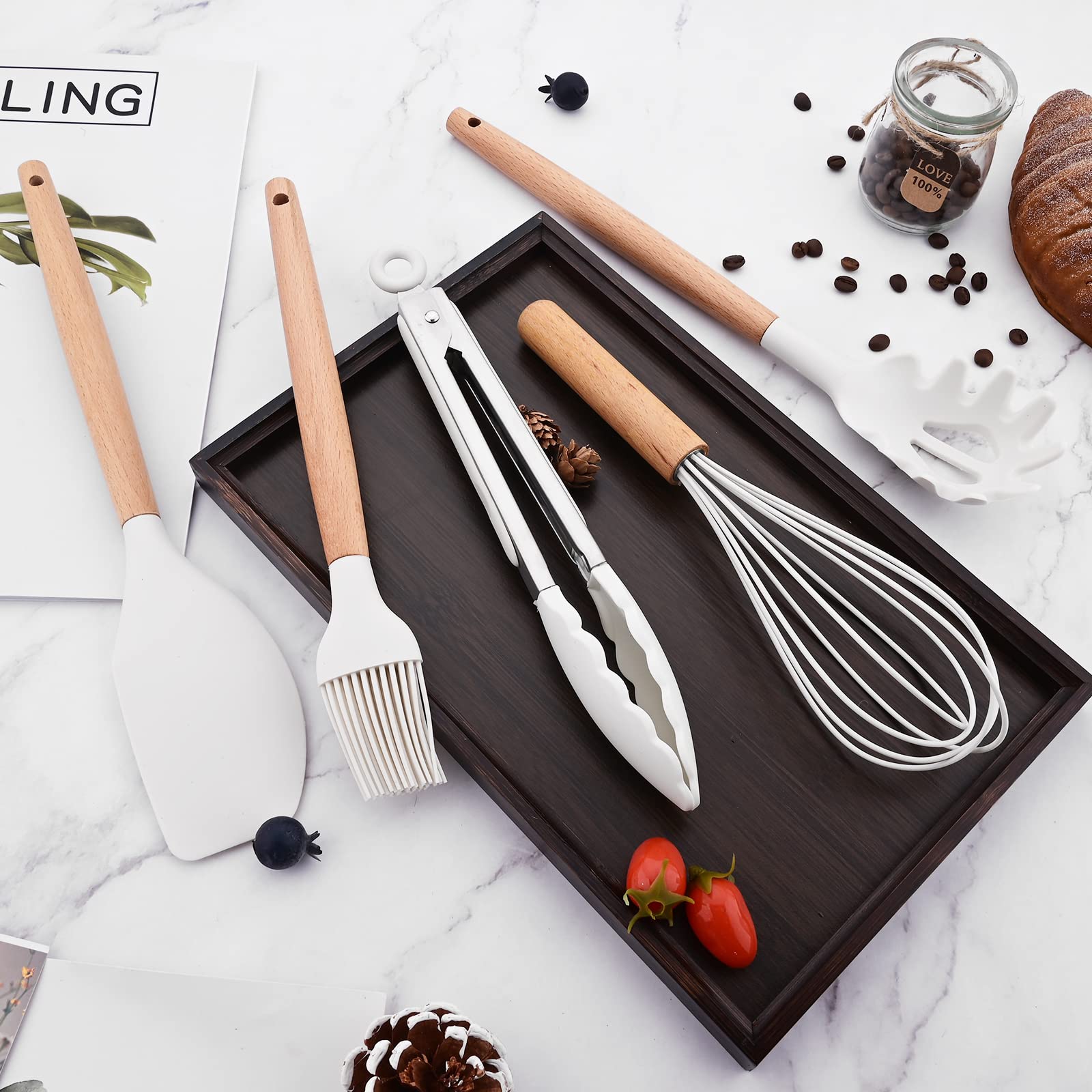 Briiec 12Pcs Wooden Handle Silicone Kitchen Utensils Set, Non-Stick Silicone Cooking Utensils, White Spatula Set, Turner Spoon,