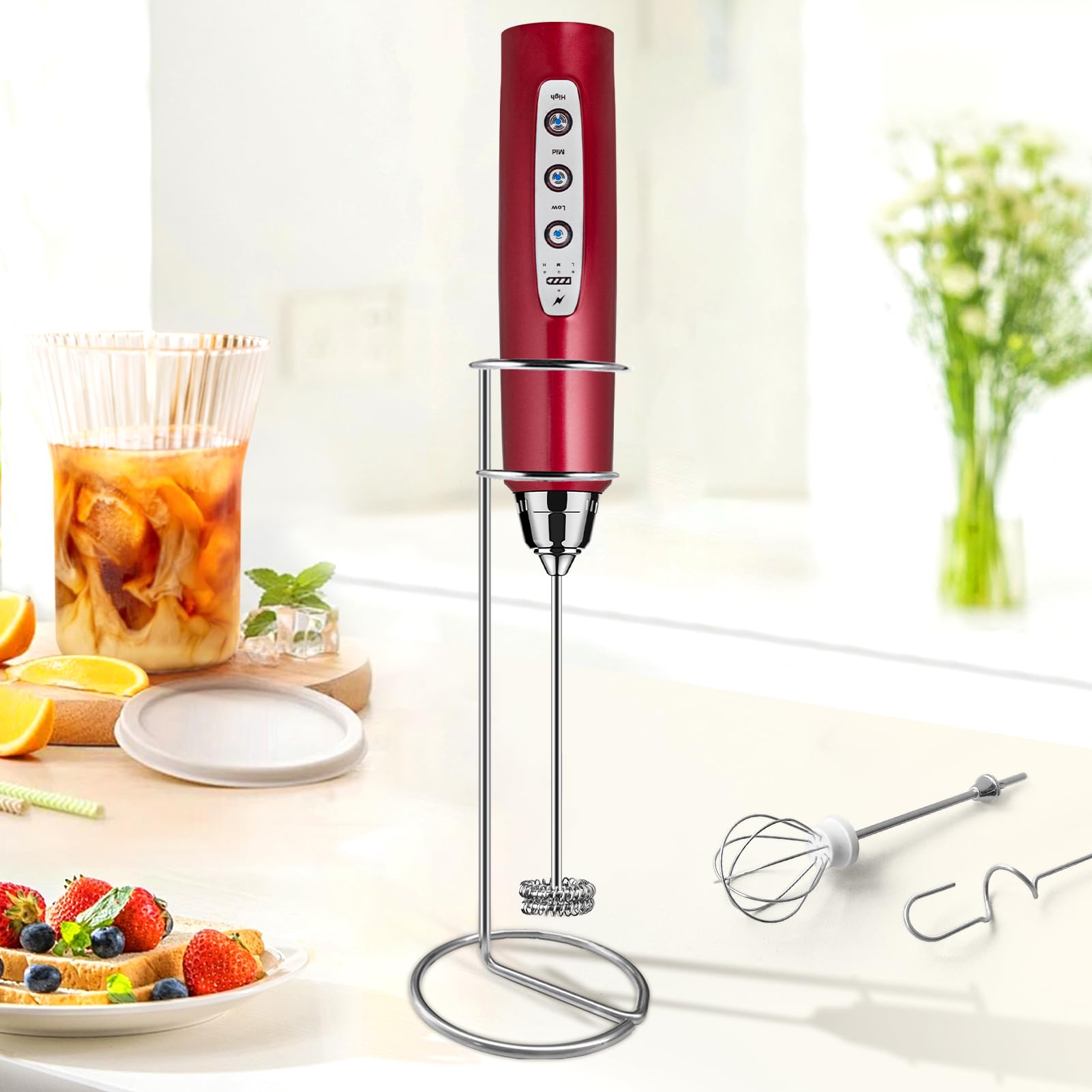 Sakgos Milk Frother With Stand Rechargeable-Handheld Frother Wand With 3 Stainless Whisks 3 Speed Adjustable, Electric Whisk Dri