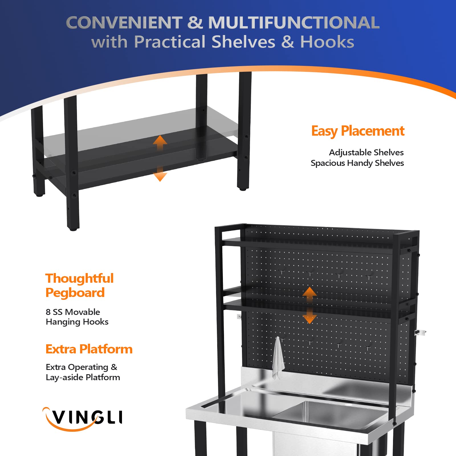 Vingli 67'' Commercial Sink With Drainboard And Adjustable Shelves Pegboard For Hanging Tools, 304 Stainless Steel Table Freesta