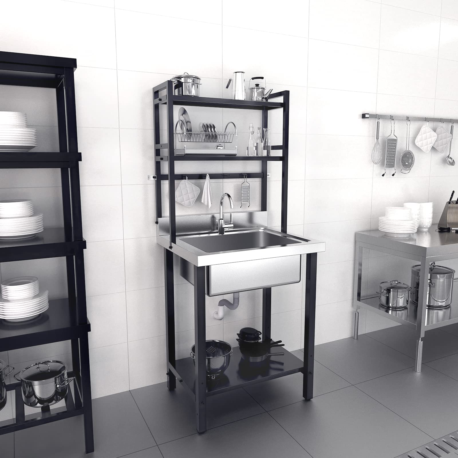 Vingli 67''H Commercial Sink 304 Stainless Steel Sink With Adjustable Shelves And Hanging Rod With Hooks, Freestanding Utility S