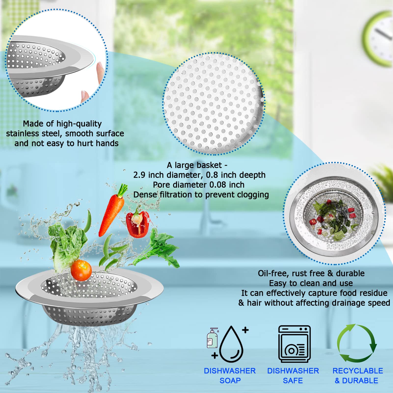 Kitchen Sink Drain Strainer, 4 Pack Stainless Steel And Black Mesh Sink Strainer For Kitchen With Large Wide Rim 4.5'' Diameter,