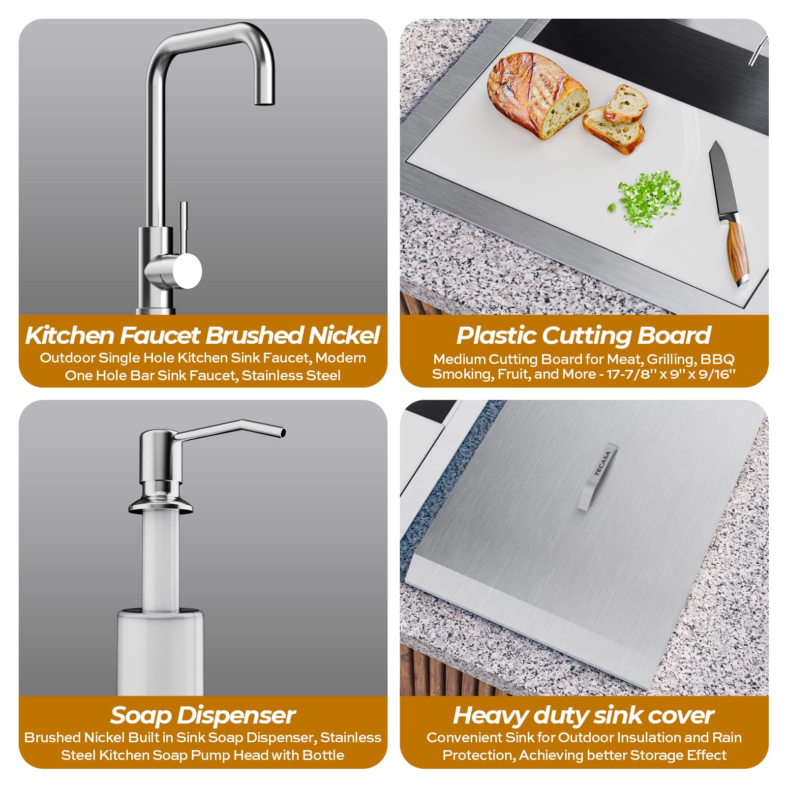 Outdoor Sink, Tecasa 21 X 18 Inch Drop-In Workstation Kitchen Sink, T304 Stainless Steel Kitchen Bar Sink, Single Bowl Bar Sink