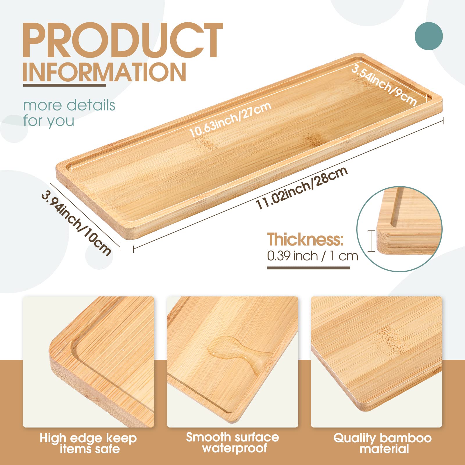 Bamboo Tea Serving Tray 3 Pcs Decorative Multi Use Bathroom Rounded Edges Vanity Tray For Dresser Counter Food, Coffee, Snack, T