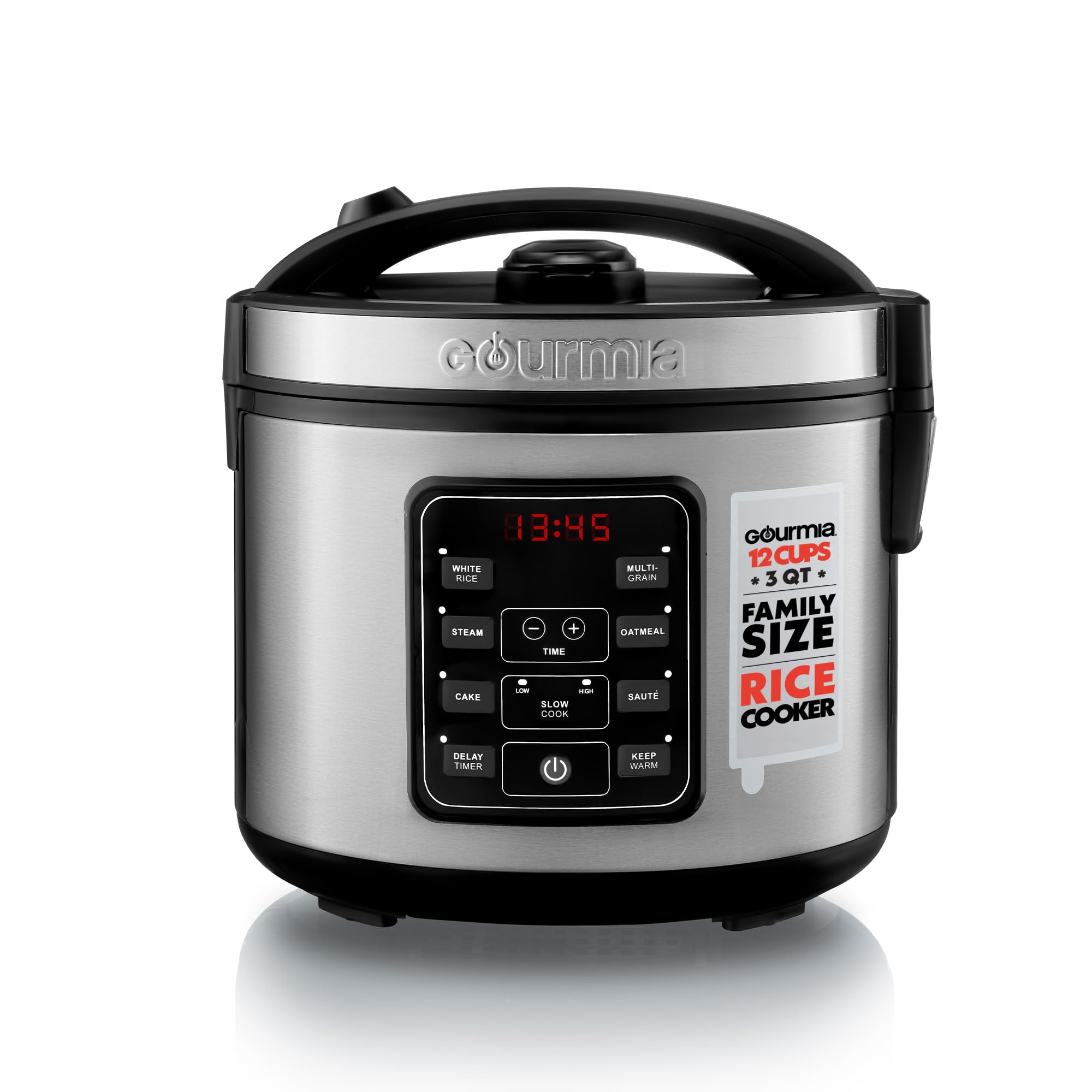 Gourmia Rice Cooker - 3 Qt Capacity, 12 Cup Cooked, 6 Cup Uncooked, Digital Controls, Grain Cooker & Steamer, Built-In Steamer B