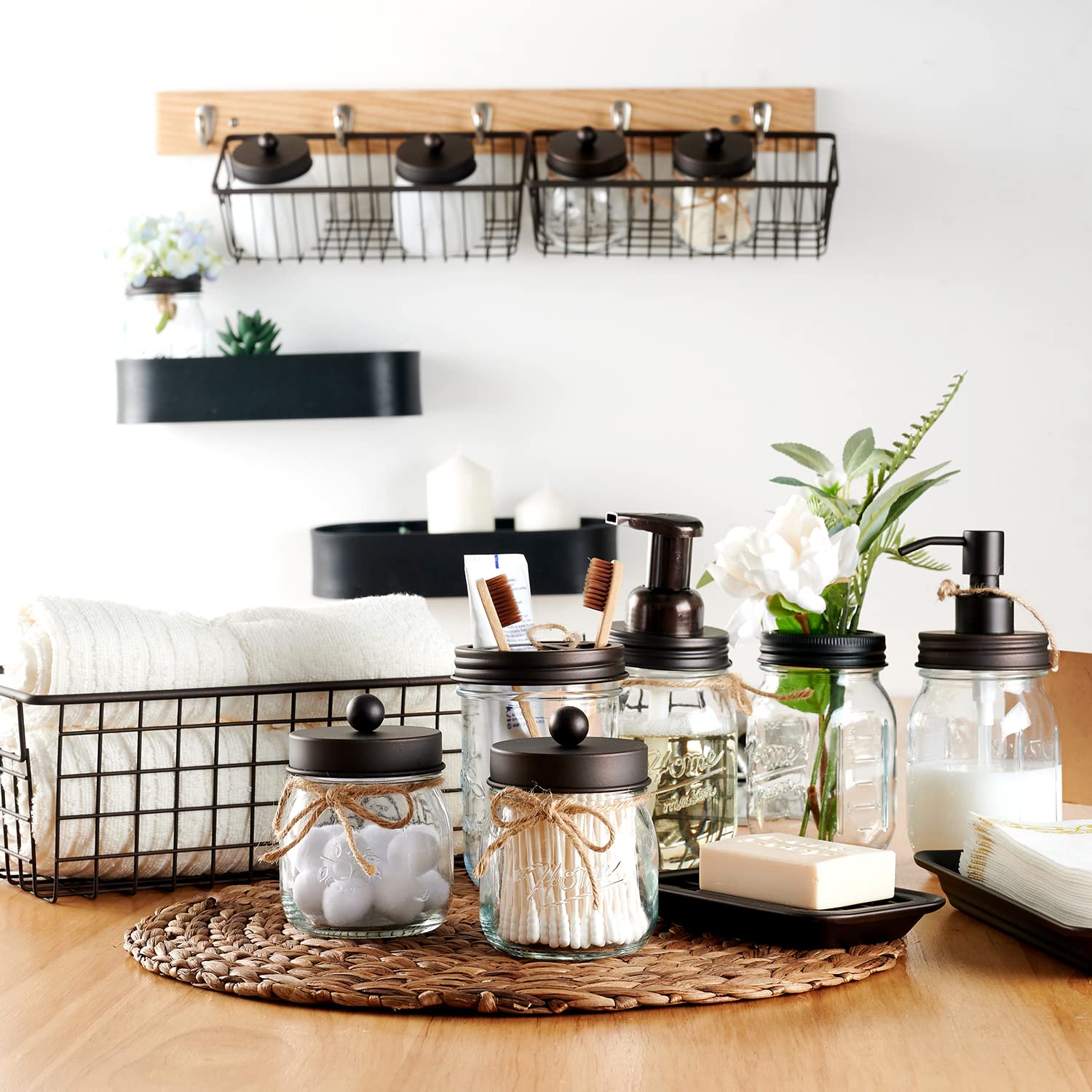 Sheechung Mason Jar Bathroom Accessories Set (6Pcs) Rustic Farmhouse Decor - Lotion Soap Dispenser, Toothbrush Holder, 2 Apothec