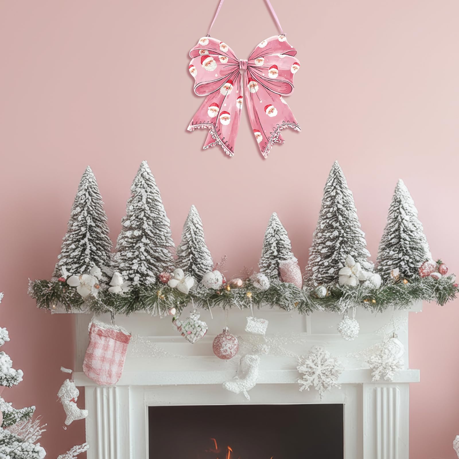 RattanView Santa Claus Pink Bow Wooden Hanging Sign Coquette Bow Wall Hanging Hanger Cute Christmas Preppy Wall Art Bowknot Welc