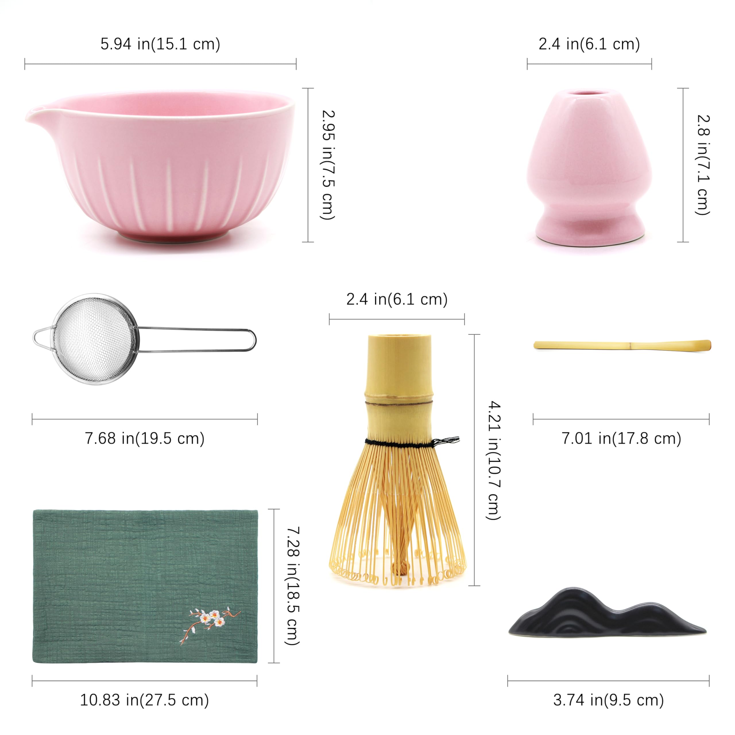 Matcha Whisk Set 7 Pcs - Ceramic Matcha Set with Bowl, Whisk, Holder, Bamboo Scoop, Rest, Sifter, and Tea Towel - Elegant Matcha