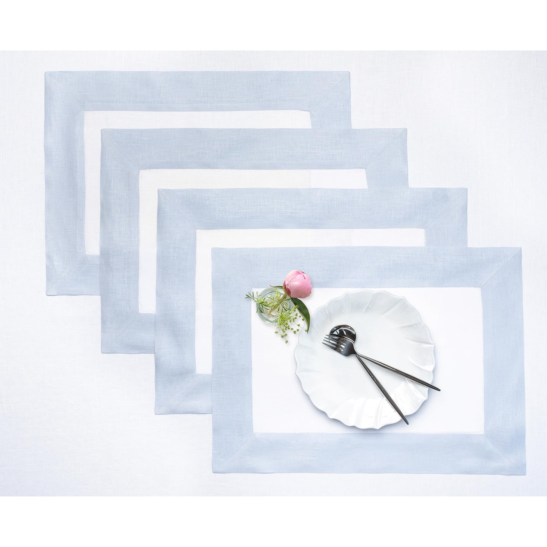 Solino Home Linen Placemats Set Of 4-100% Pure Linen Cloth Fabric Placemats Light Blue And White - 19'' L X 14'' W Inch Washable