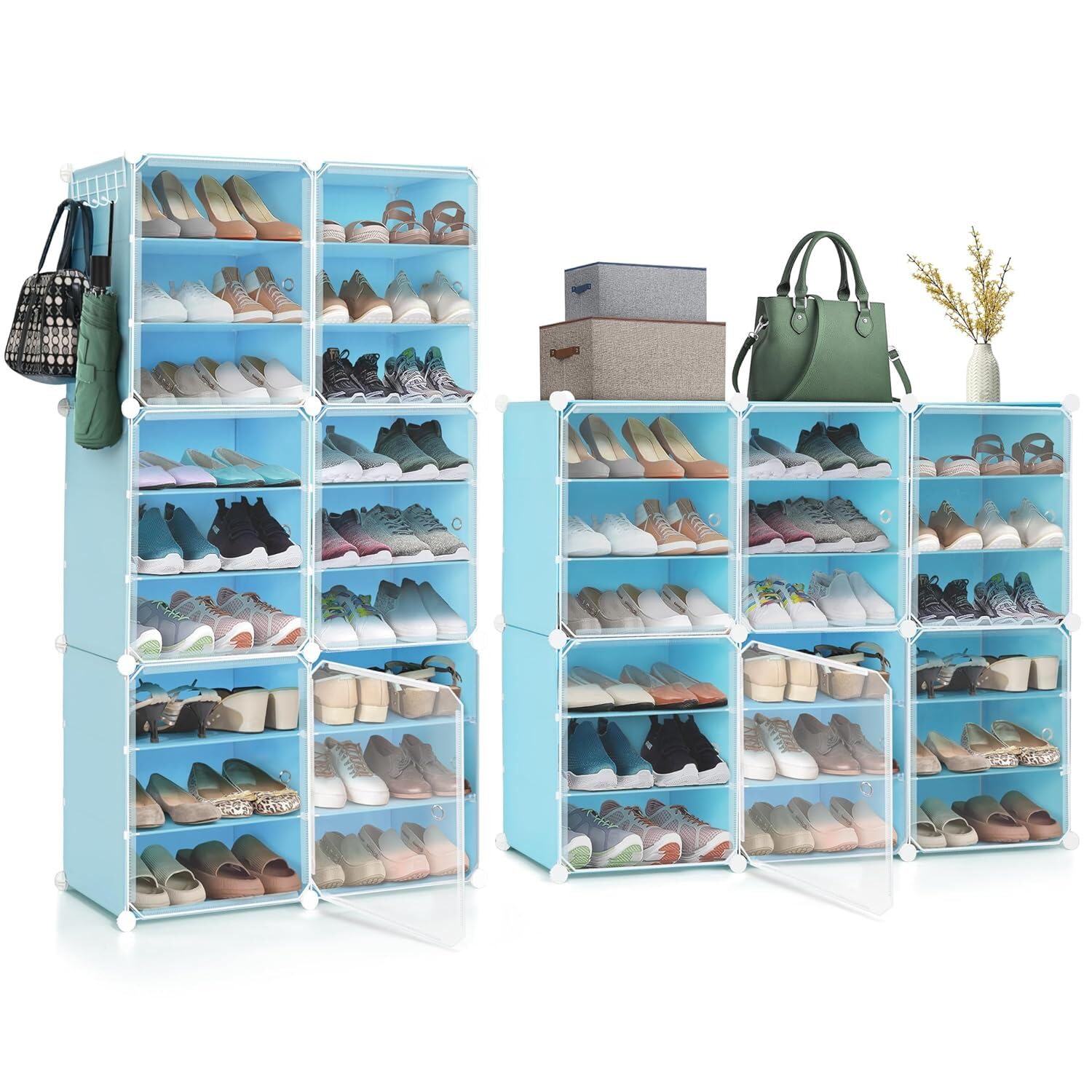 About Space Shoe Rack For Home With Door  36 Pair Diy Slipper Stand With Hanger, 6 Cube Expandable Shelves Closed Shoes Rack Fo