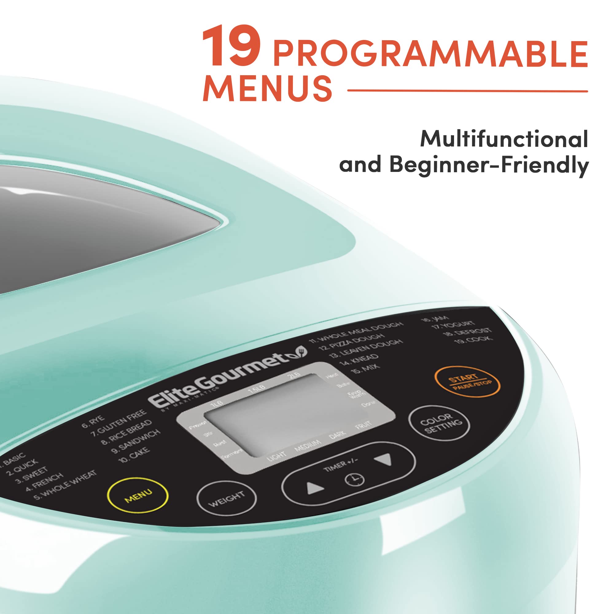 Elite Gourmet Ebm8103M Programmable Bread Maker Machine 3 Loaf Sizes, 19 Menu Functions Gluten Free White Wheat Rye French And M