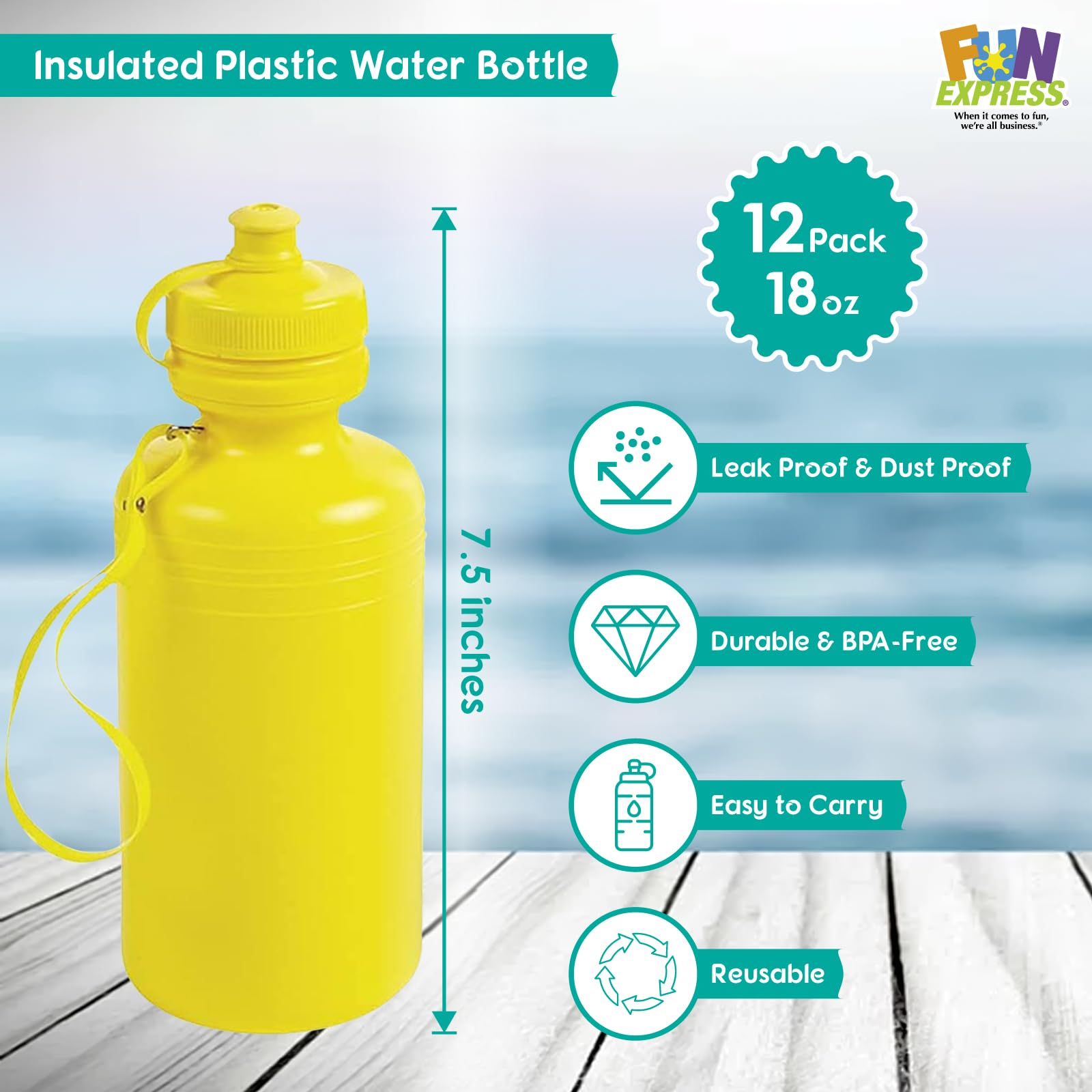 Fun Express Bulk Water Bottles  Neon Assorted Colors  12 Bottles  BPA Free Plastic  Lightweight  18 Oz  Leak Proof Design
