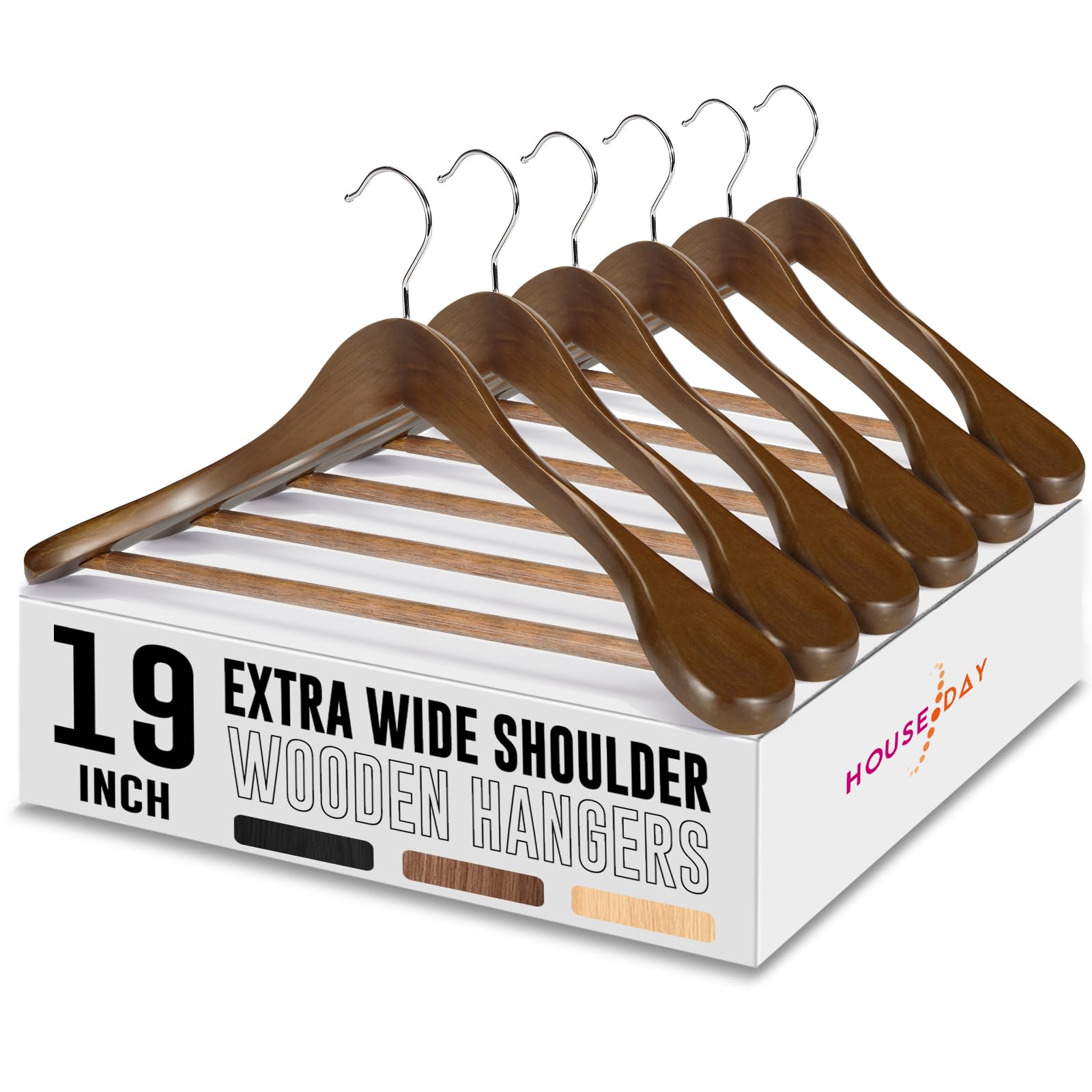 House Day 19'' Extra Wide Shoulder Wooden Hangers 6 Pack, Premium Large Wood Suit Hangers With Non Slip Pant Holder, Wide Should