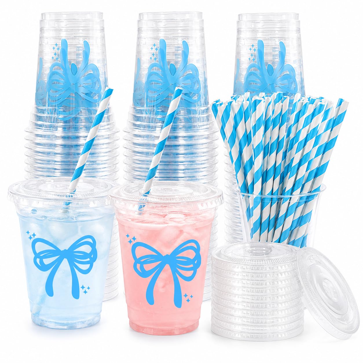 DEPOVTE 50 Pcs 12oz Pink Bow Cups Disposable Cute Plastic Cups with Lids nd Straws for Pink Bow Party Birthday Decorations (Blue