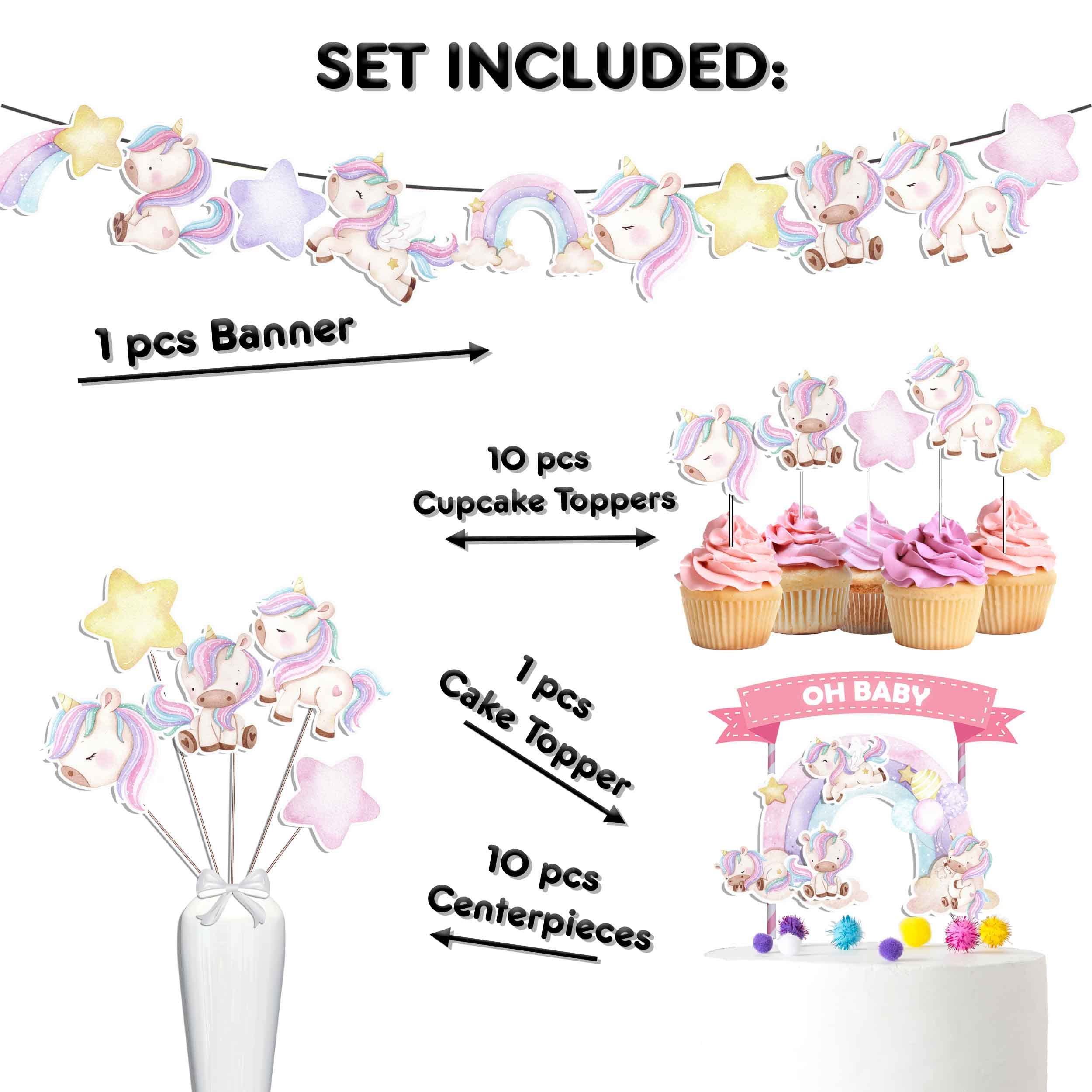 Enchanting Unicorn Pastel Baby Shower Set - Complete With Cake Topper, Cupcake Toppers, Table Centerpieces, And Banner!
