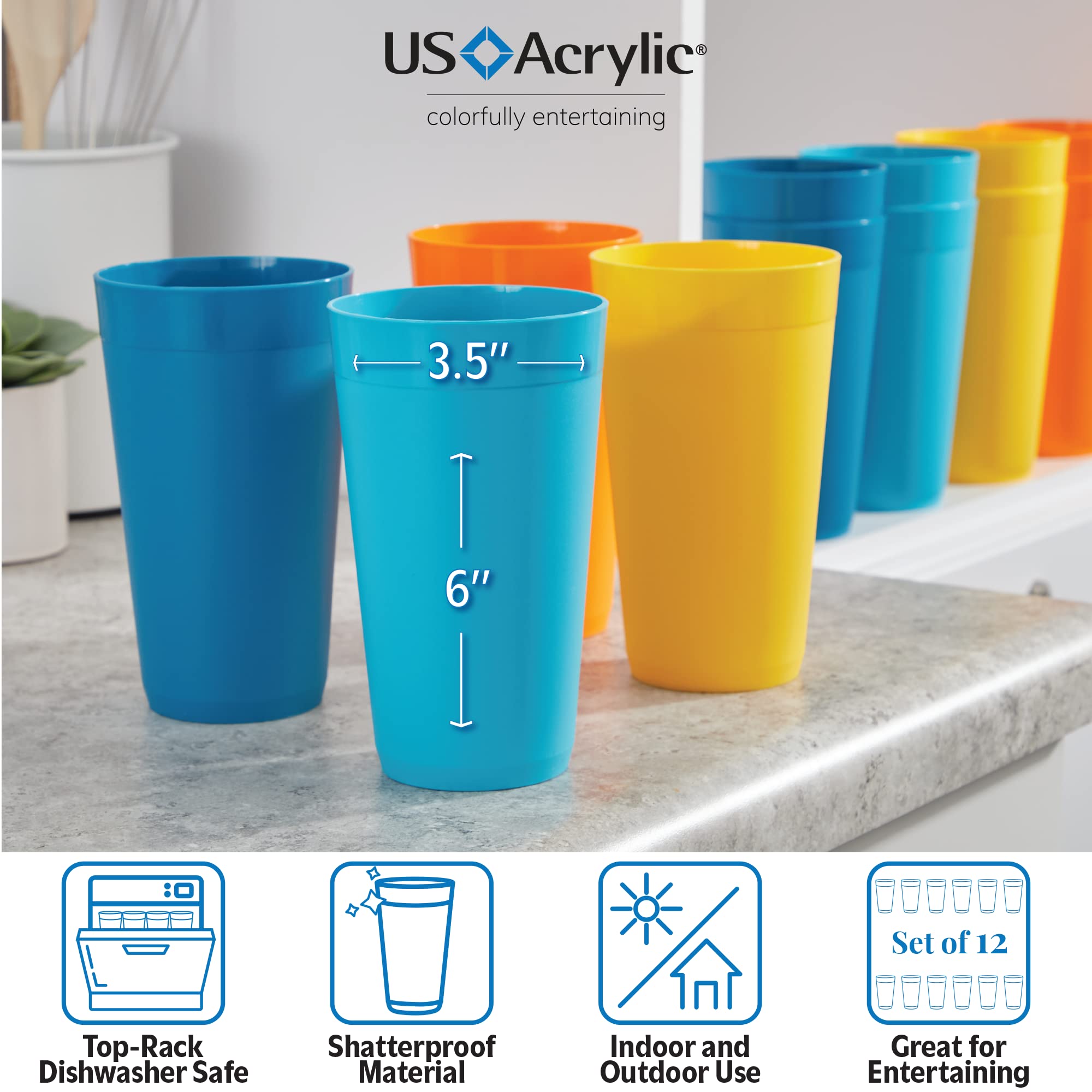 Us Acrylic Newport 20 Ounce Unbreakable Plastic Stackable Water Tumblers In 4 Sunrise Colors | Set Of 12 Drinking Cups | Reusabl