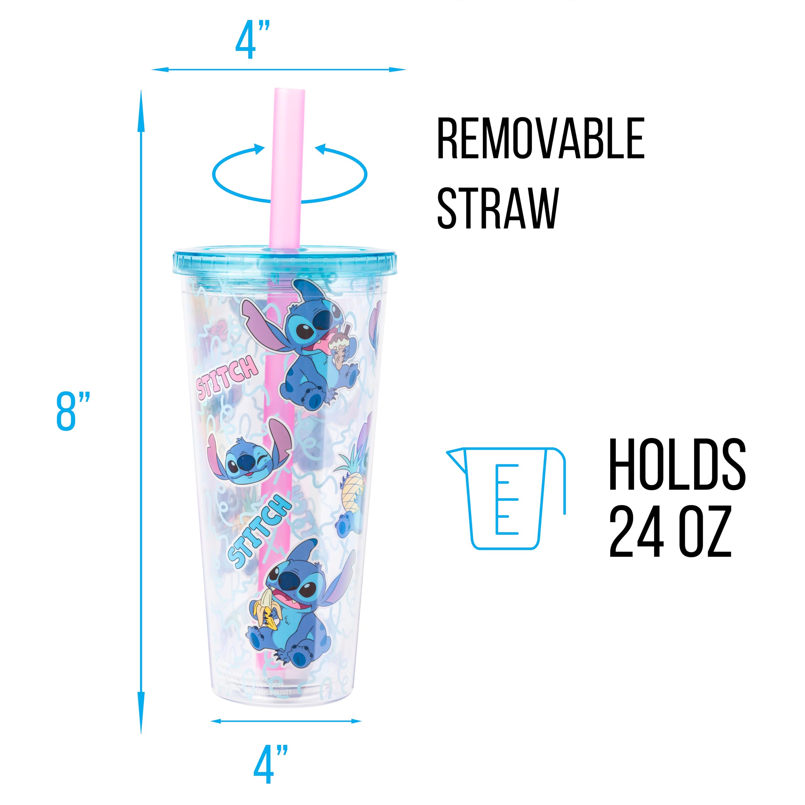 Silver Buffalo Disney Lilo And Stitch Snacking Pattern Plastic Boba Tumbler With Lid And Straw, 24 Ounces