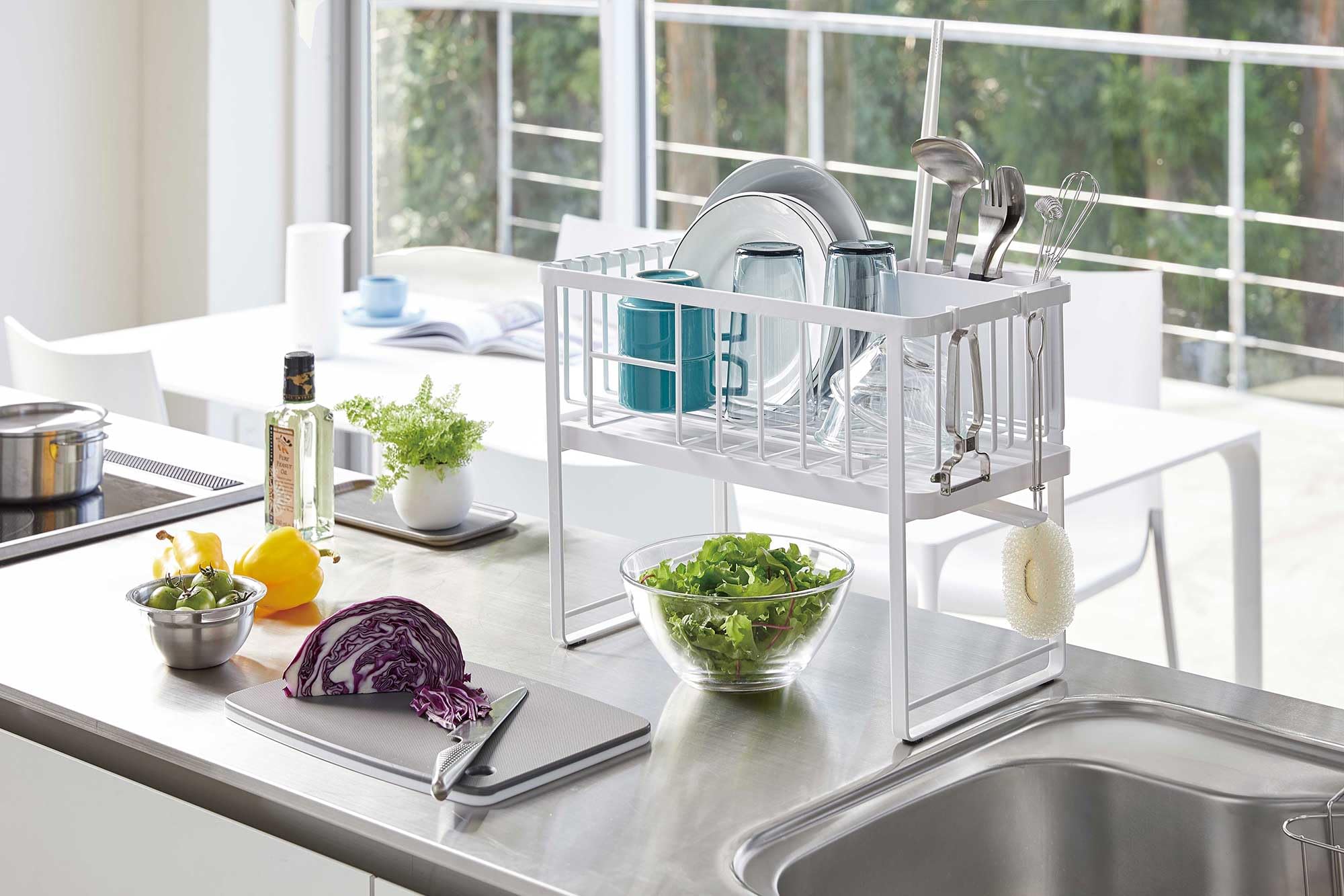 Yamazaki Home Two-Tier Adjustable Dish Drainer Rack, Compact Drying Rack With Hooks, Utensils Holder, Steel, Draining Spout, Wat
