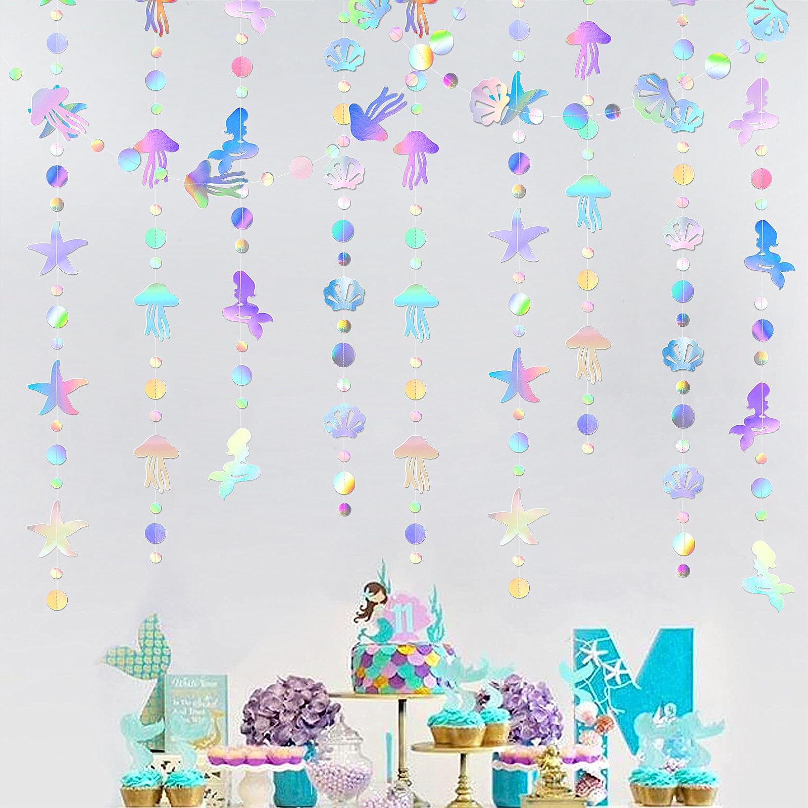 Iridescent Mermaid Birthday Party-Decorations Garland - 40FT Euphoria Under The Sea Jelly Fish Favors,Seashell Starfish Hanging 