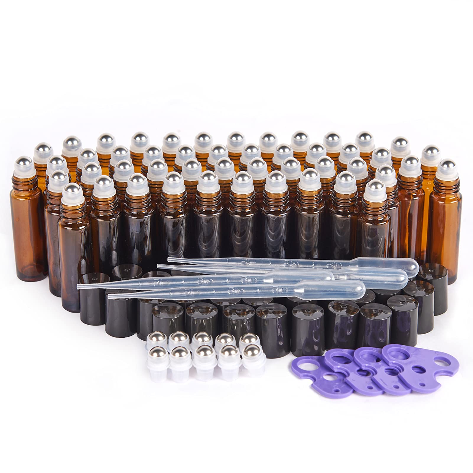 Essential Oil Roller Bottles  48 Pack Hoa Kinh 10ml Empty Glass Amber Roller Bottles UV Protection with Stainless Steel Balls (10ml-48pack)