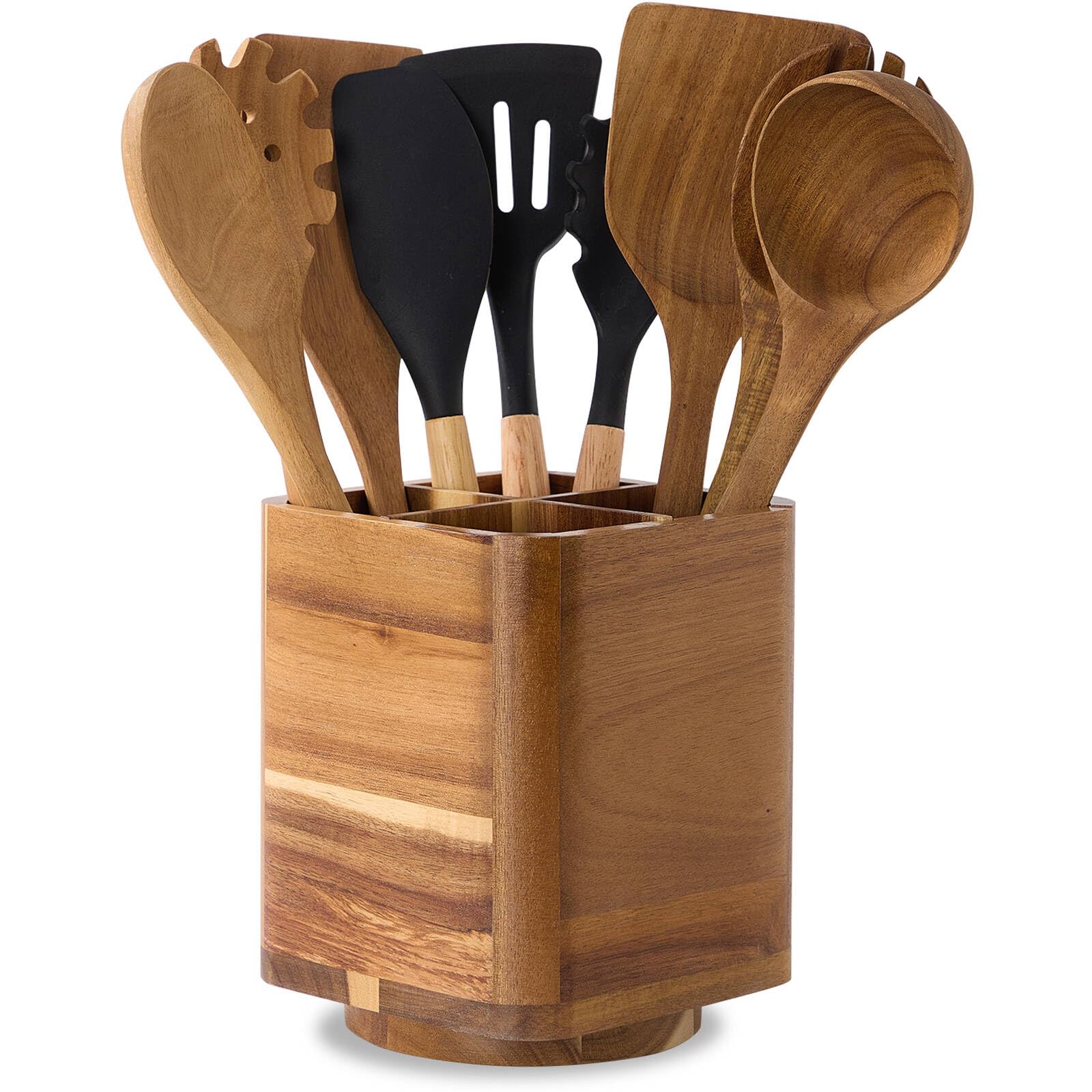 LOHONER Wood Utensil Holder for Kitchen Counter, 360 Rotating Kitchen Utensil Holder, 7.2x 6 Large Acacia Cooking Utensil Crock 