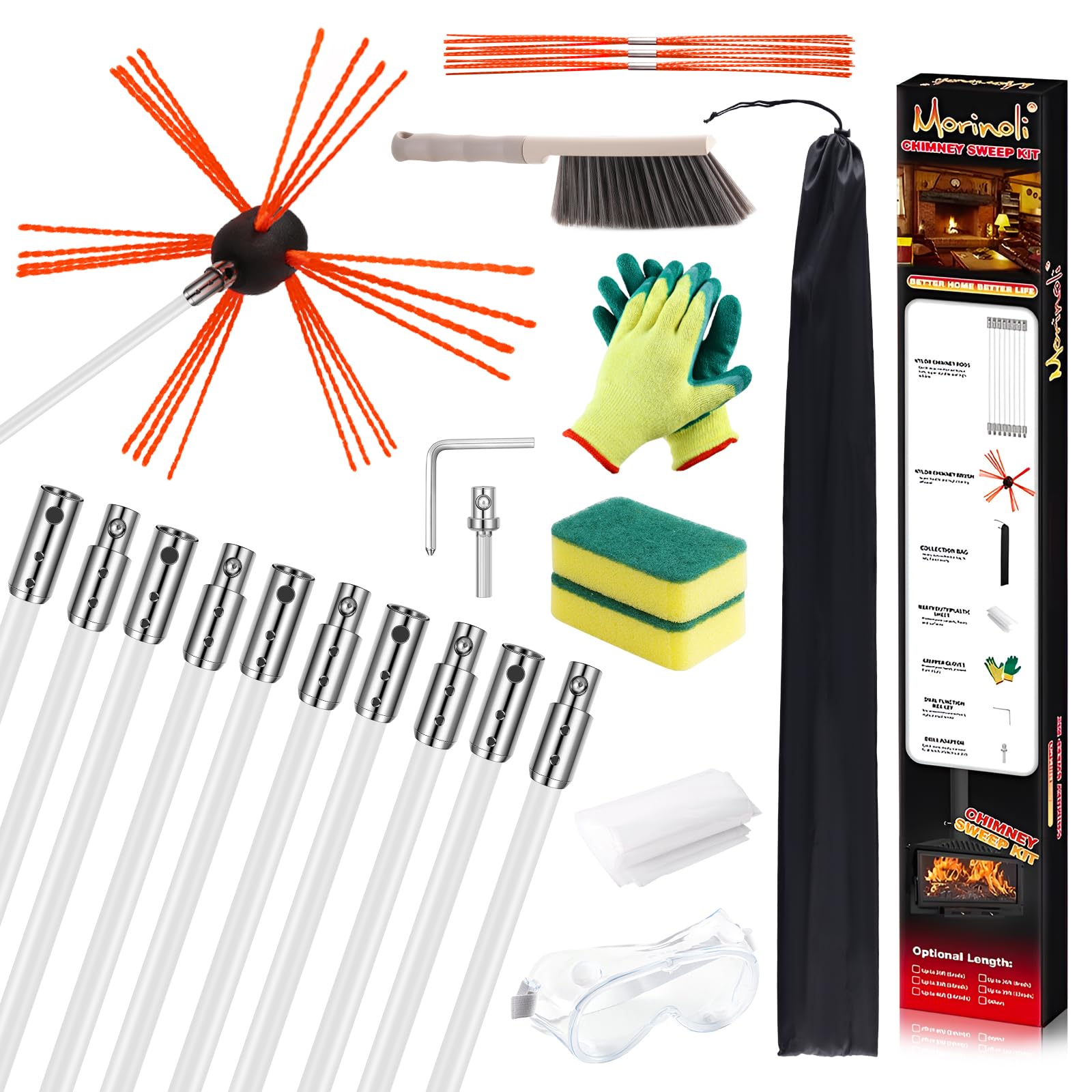 Morinoli 33 Feet Chimney Sweep Kit  Chrome Button Locking System  Chimney Cleaning Kit  Chimney Brush  Chimney Cleaning Tool  Chimney Cleaning System with 10 Flexible Chimney Rods