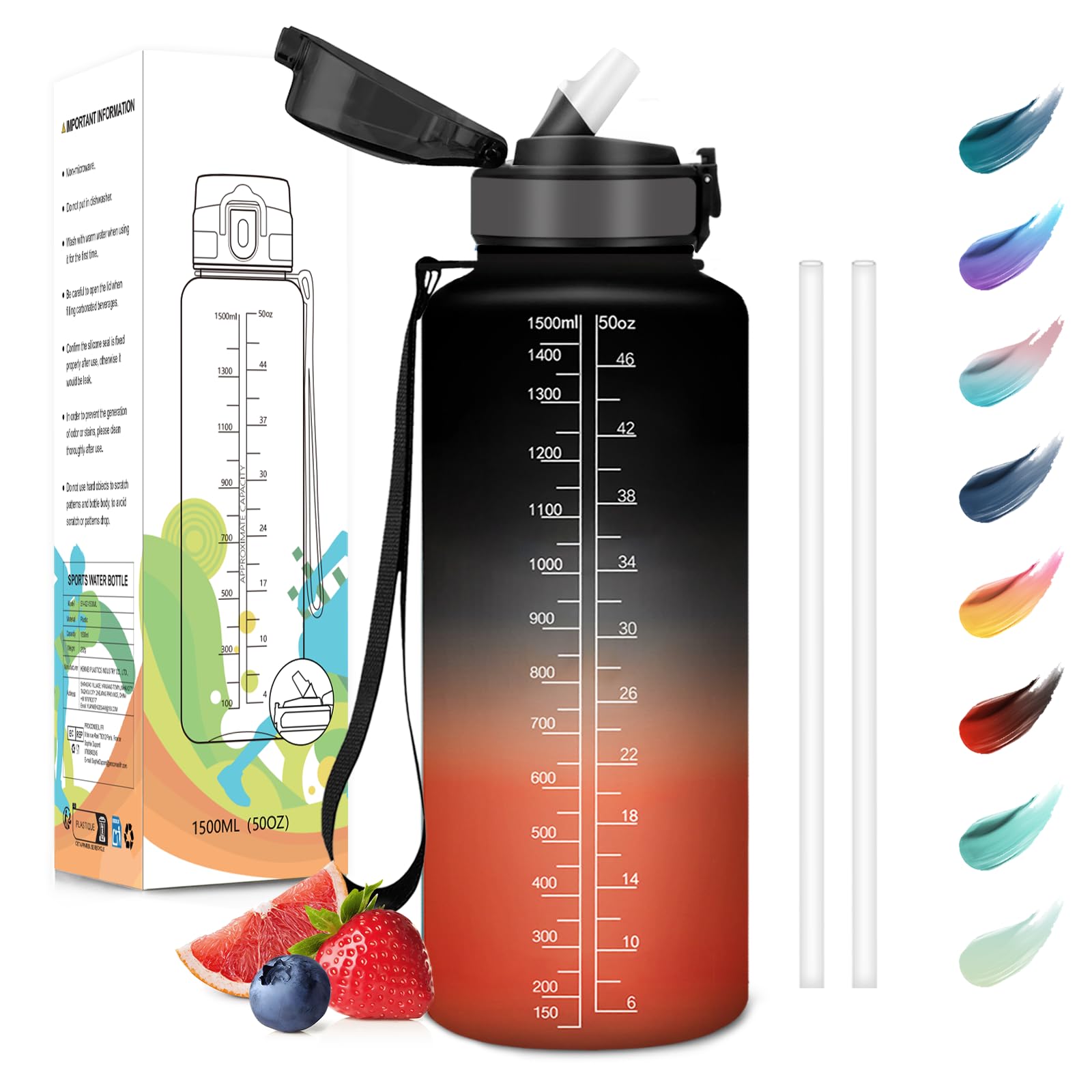 Motswedi Drinking Bottle, 1.5 L, BPA-Free, Drinking Bottle with Straw, Suitable for Carbonated Drinks, Sports Water Bottle, Leak
