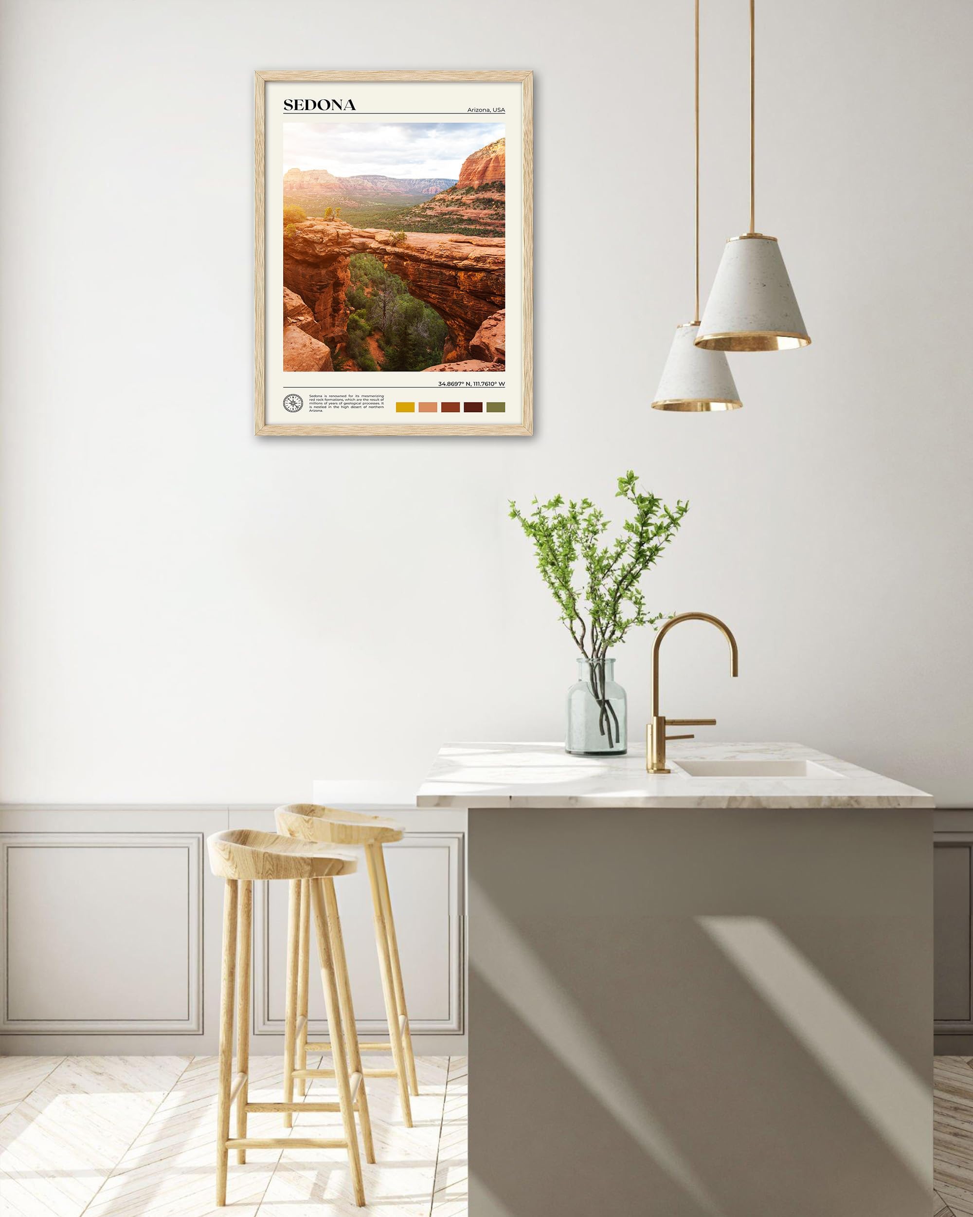 Hesendot Natural Oak Wood Framed Arizona Wall Art,12X16In Sedona'S Red Rock Formations Quality Canvas Wall Print,Classic Urban L