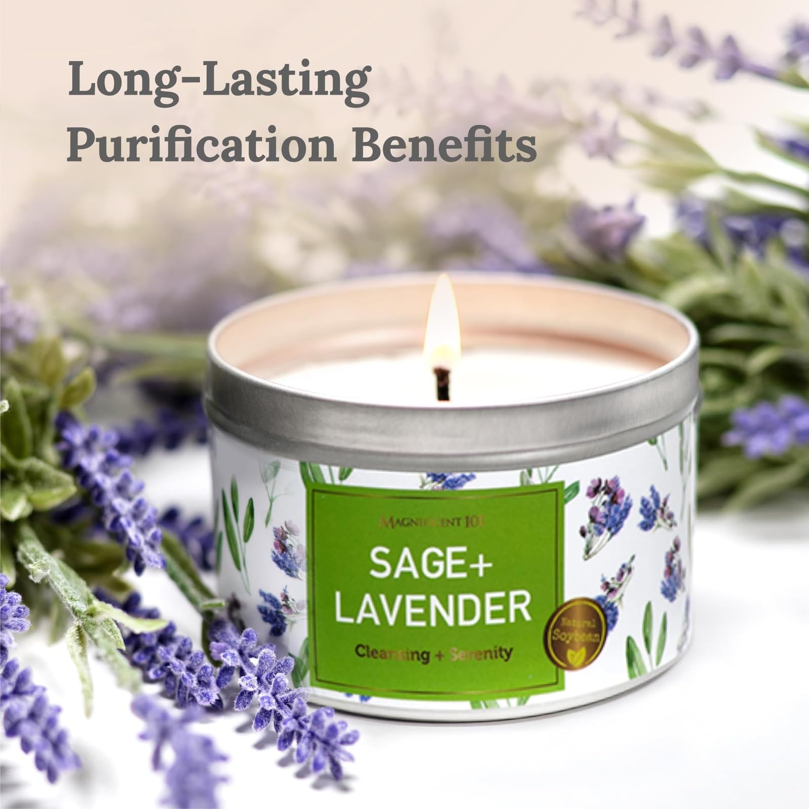 MAGNIFICENT 101 Sage & Lavender Aromatherapy Smudge Candle - 6 Oz - 35-Hour Burn Soy Wax - Energy Cleansing & Manifestation - Sp