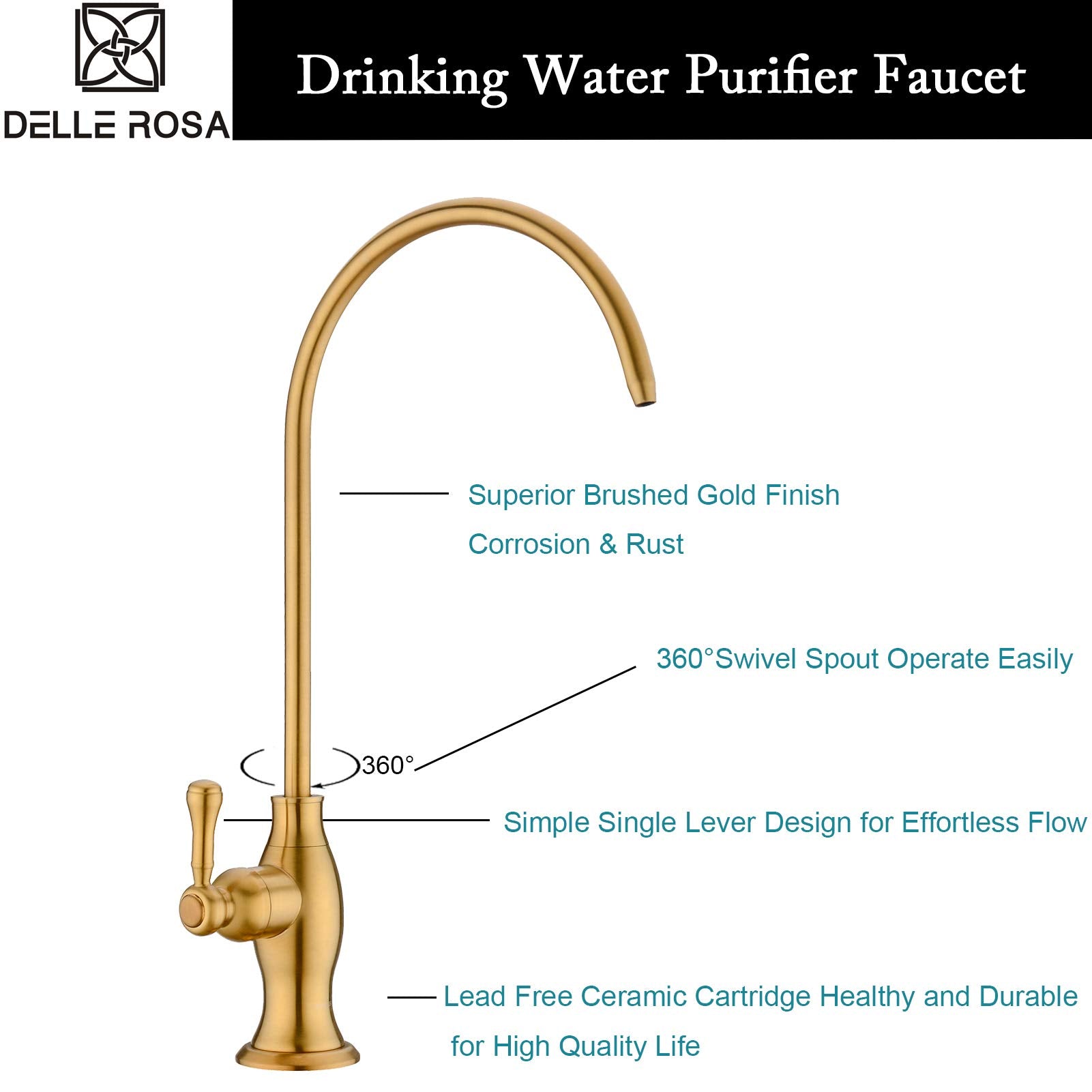 Brushed Gold Drinking Water Purifier Faucet  Delle Rosa Gold Water Faucet for Under Sink Water Filter System  Modern Brass RO Faucet Brushed Gold Bar Sink Faucet