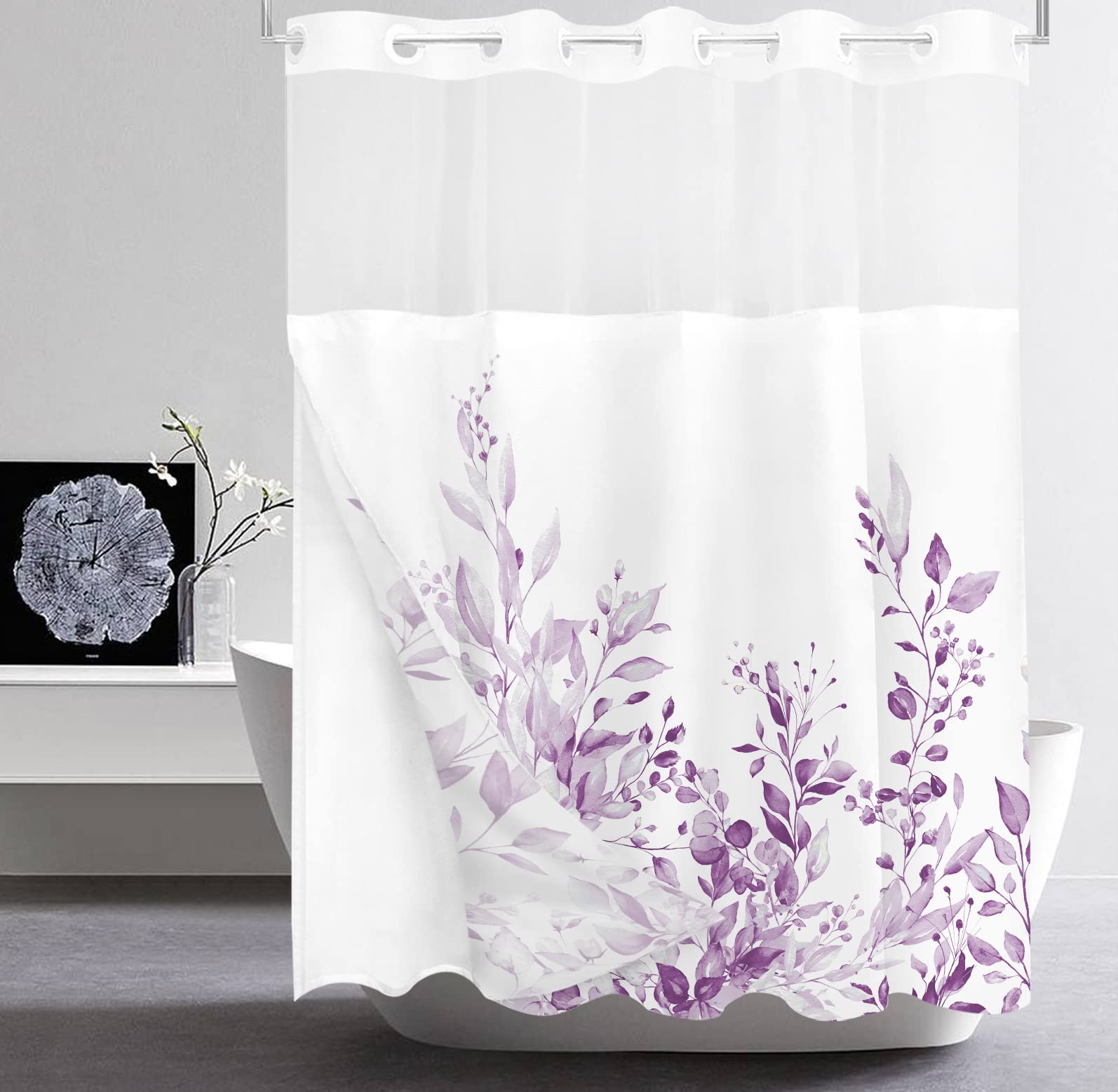 Tititex No Hooks Snap In Liner Lilac Light Purple Eucalyptus Leaves Shower Curtain, Hotel Luxury Double Layers Waterproof Fabric