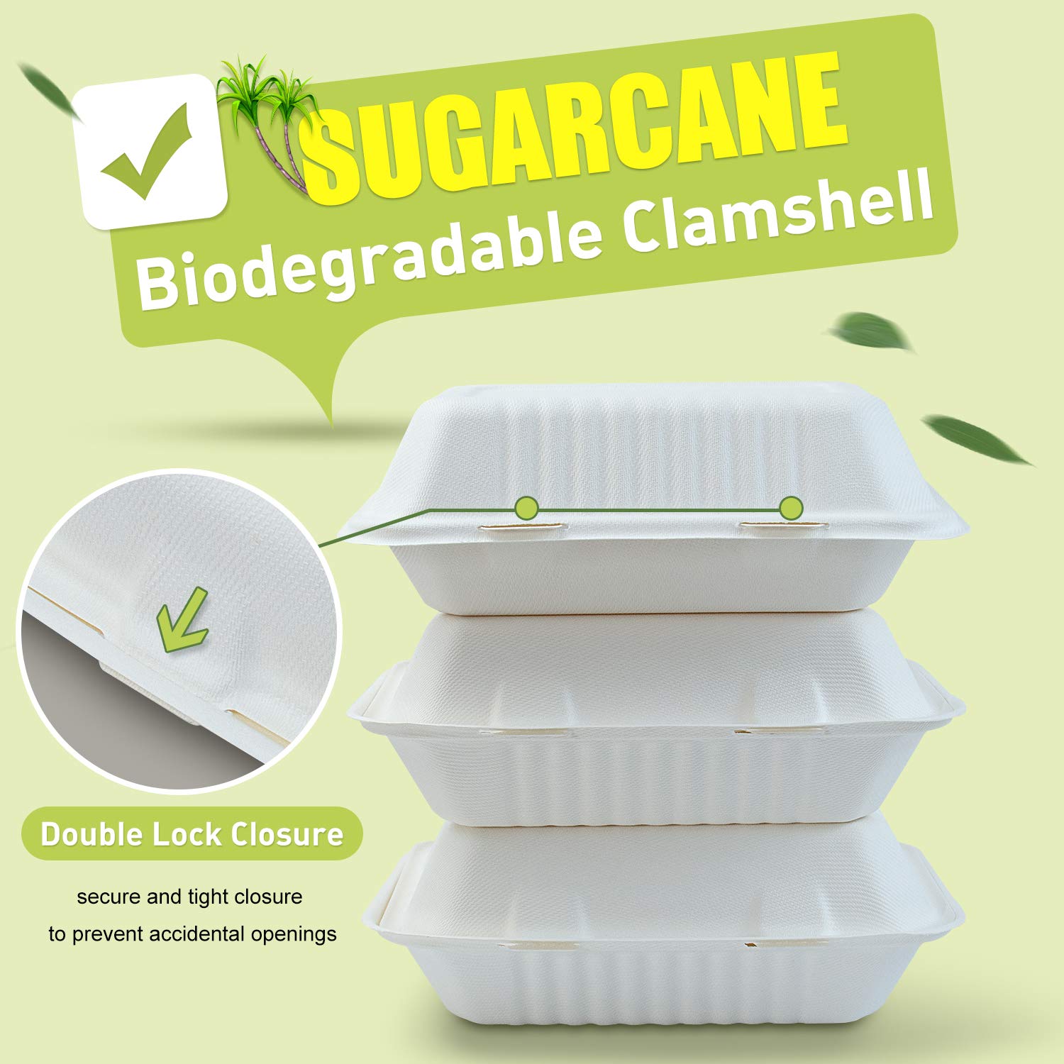 Green Earth 9X6X3 Inch, 125-Count, 1-Compartment, Compostable Clamshell, Natural Bagasse (Sugarcane Fiber), Take-Out Food Boxes